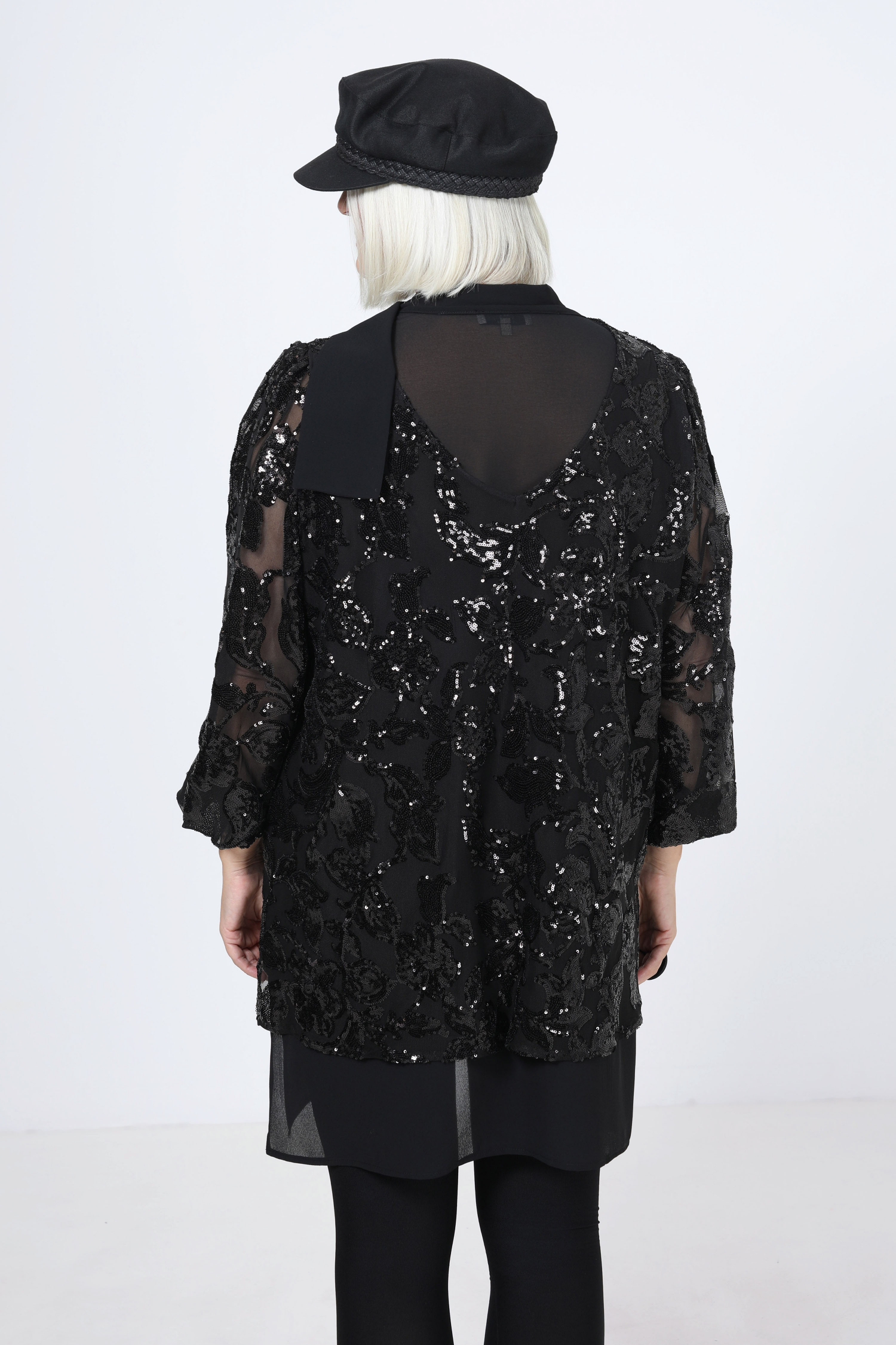 Tunic in veil and sequined lace overlay