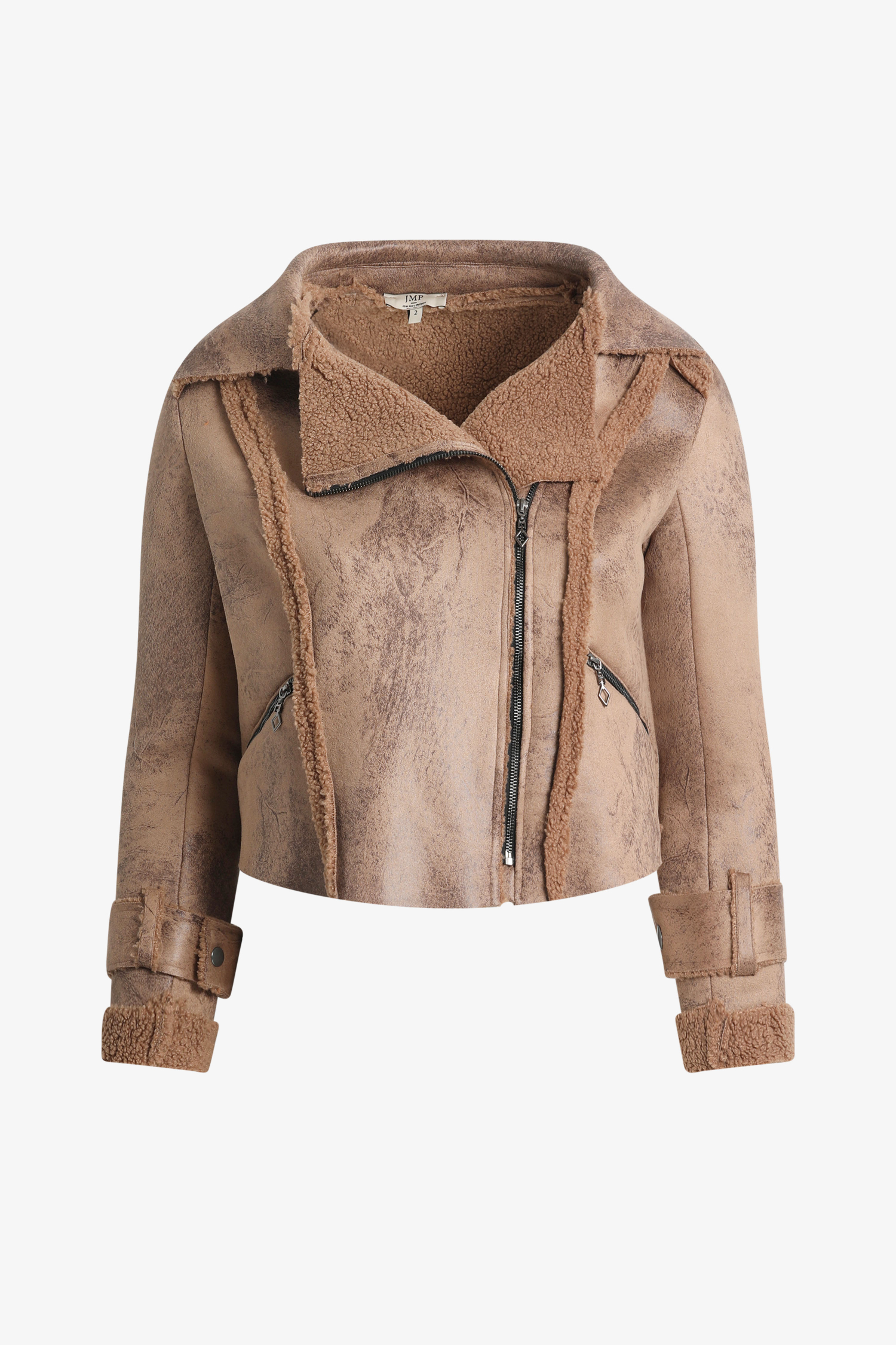 Cropped biker jacket in vegan shearling