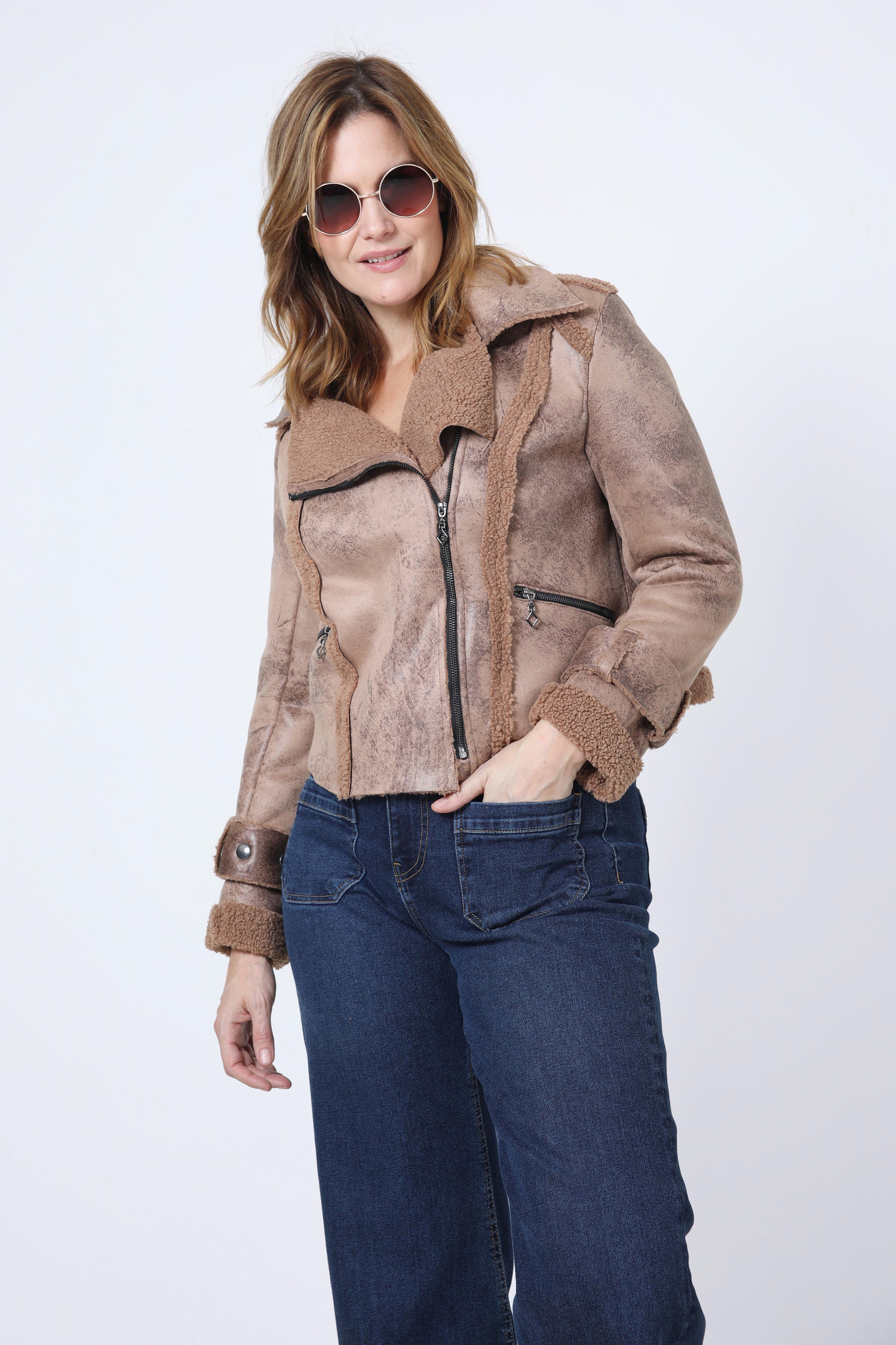 Cropped biker jacket in vegan shearling