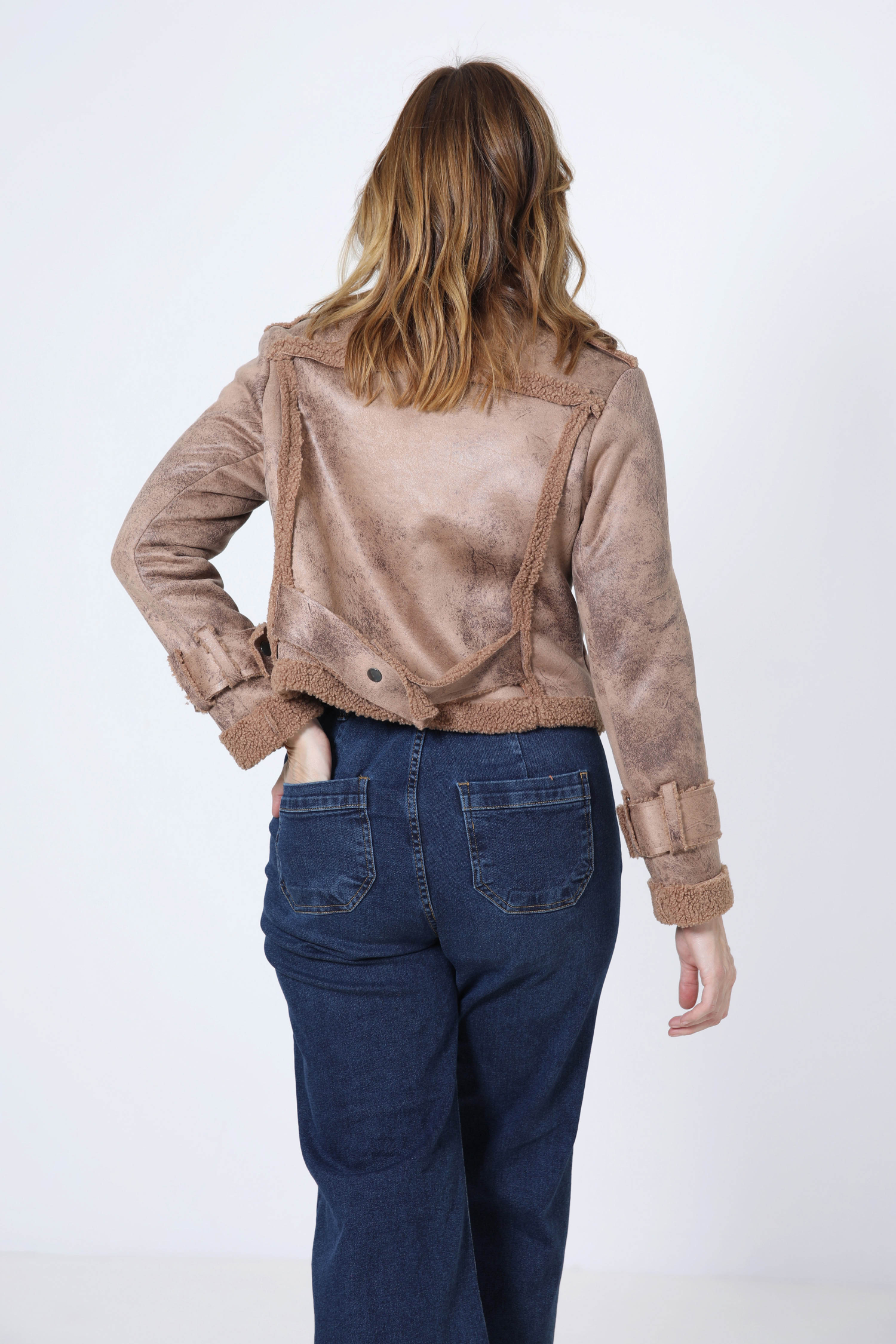 Cropped biker jacket in vegan shearling