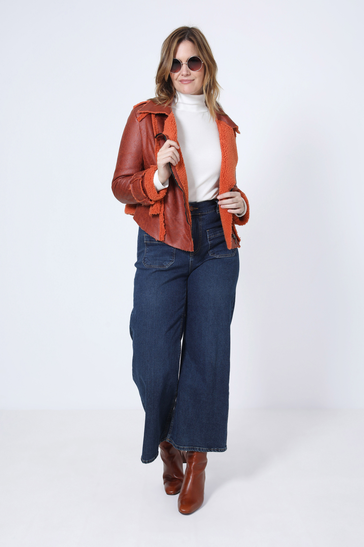 Cropped biker jacket in vegan shearling