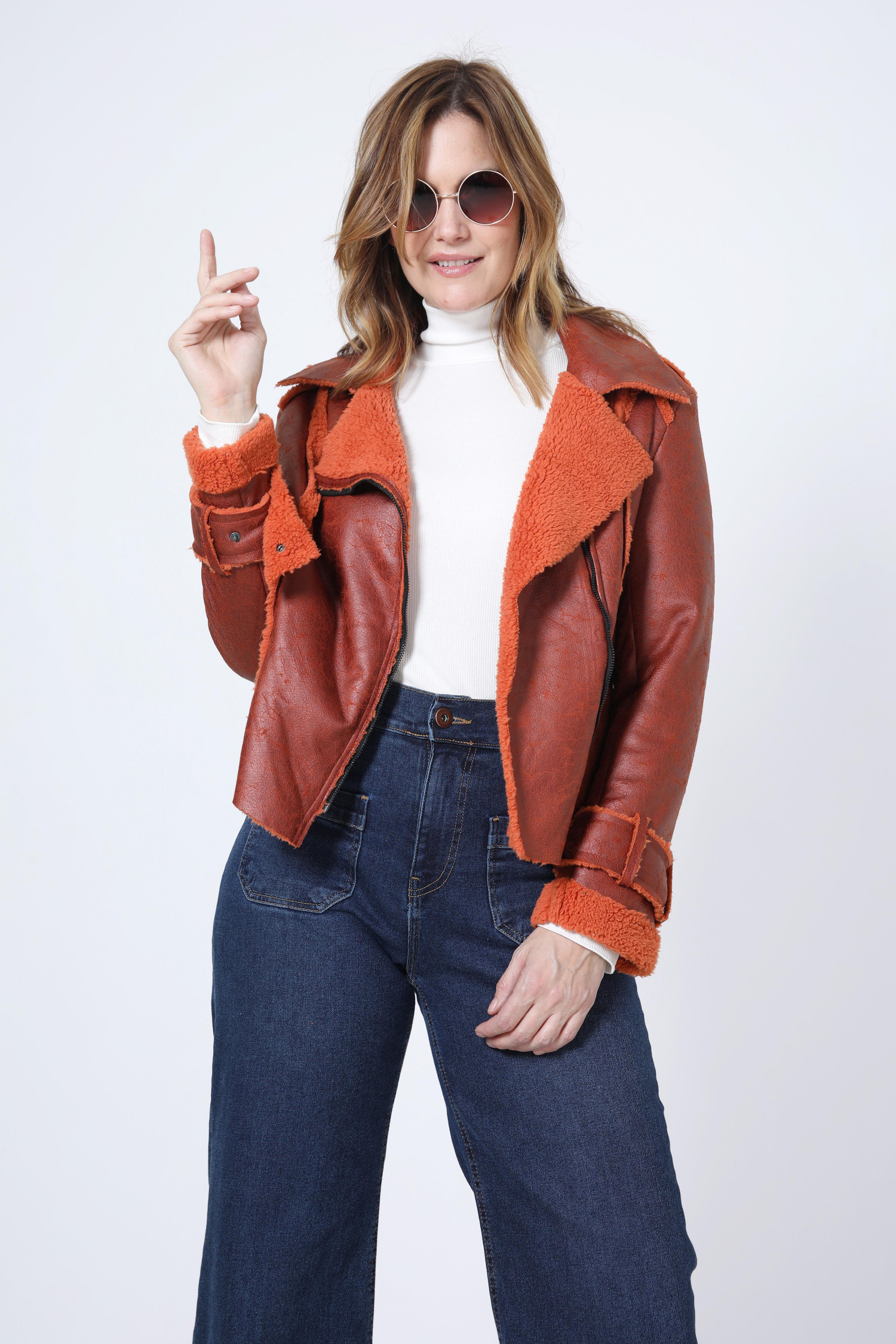 Cropped biker jacket in vegan shearling