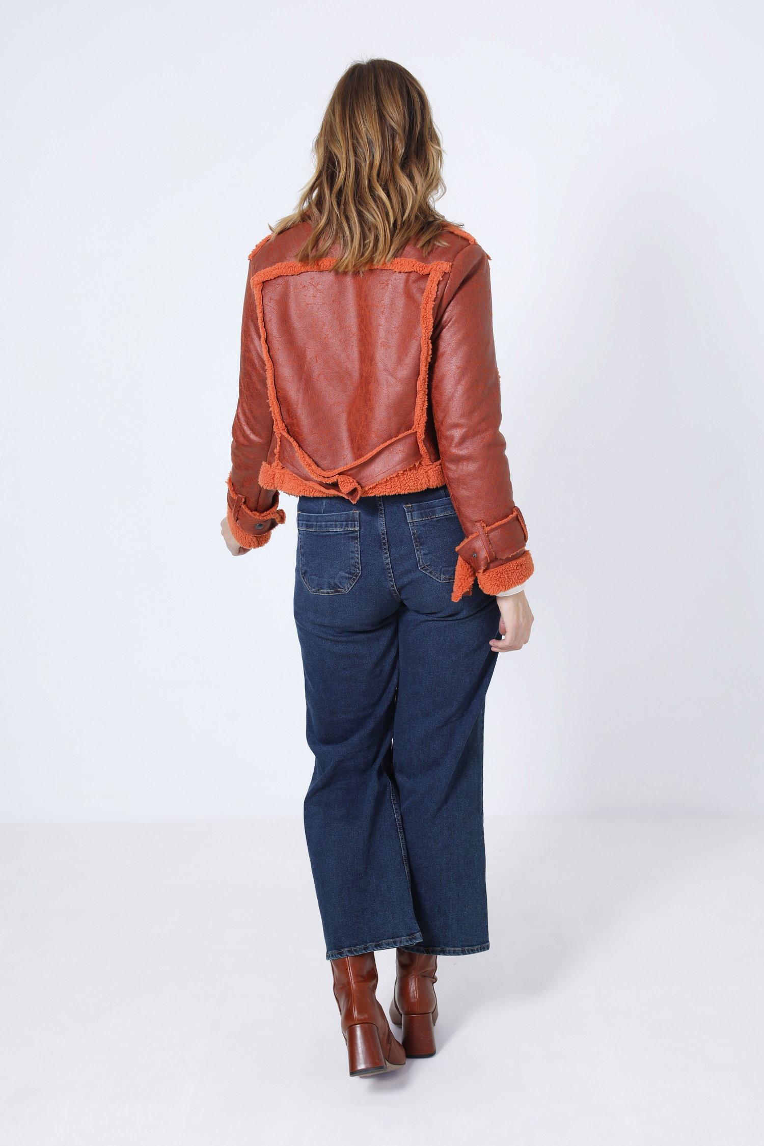 Cropped biker jacket in vegan shearling