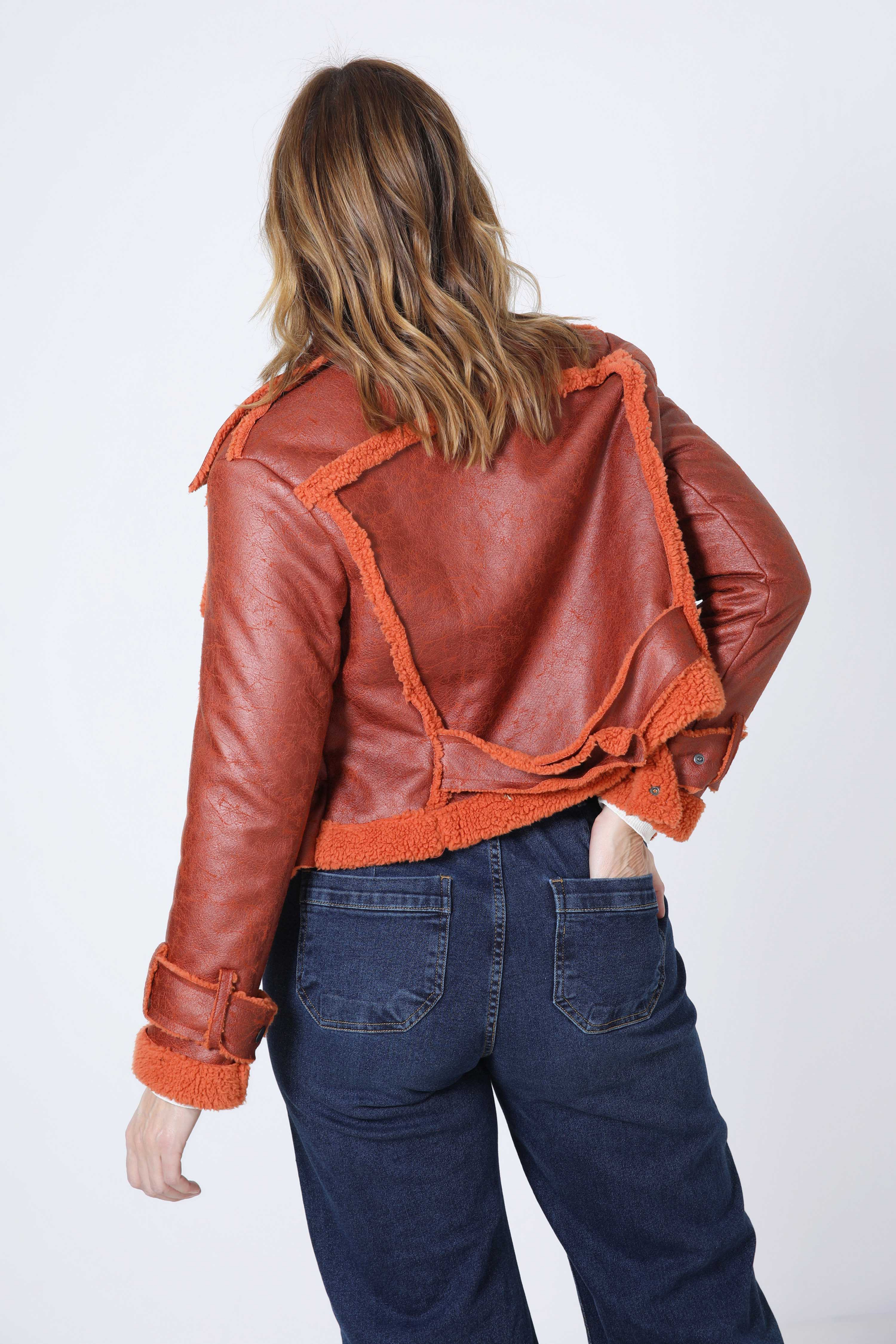 Cropped biker jacket in vegan shearling