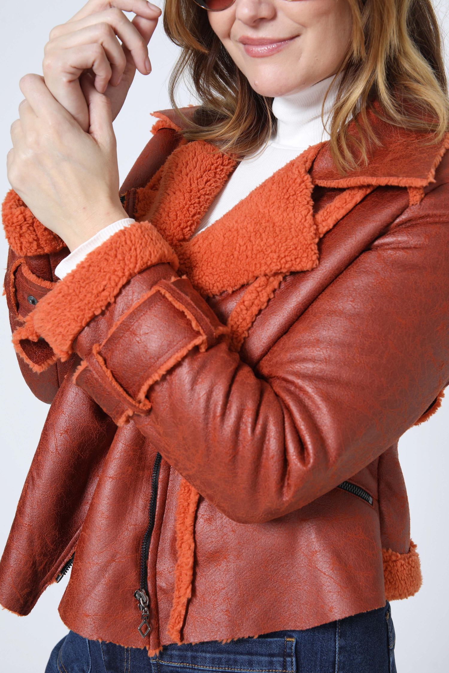Cropped biker jacket in vegan shearling