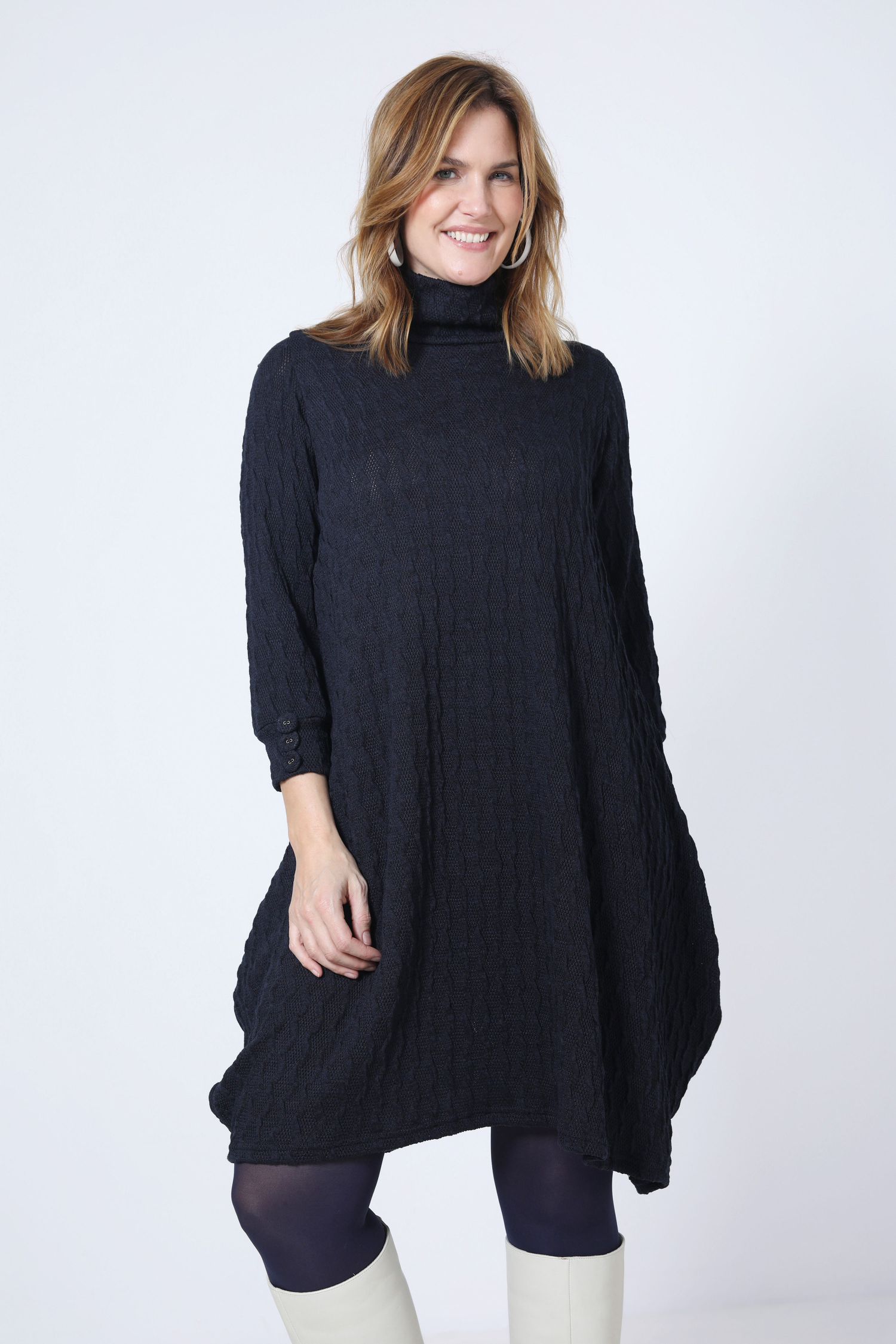trapeze dress with cable knit turtleneck