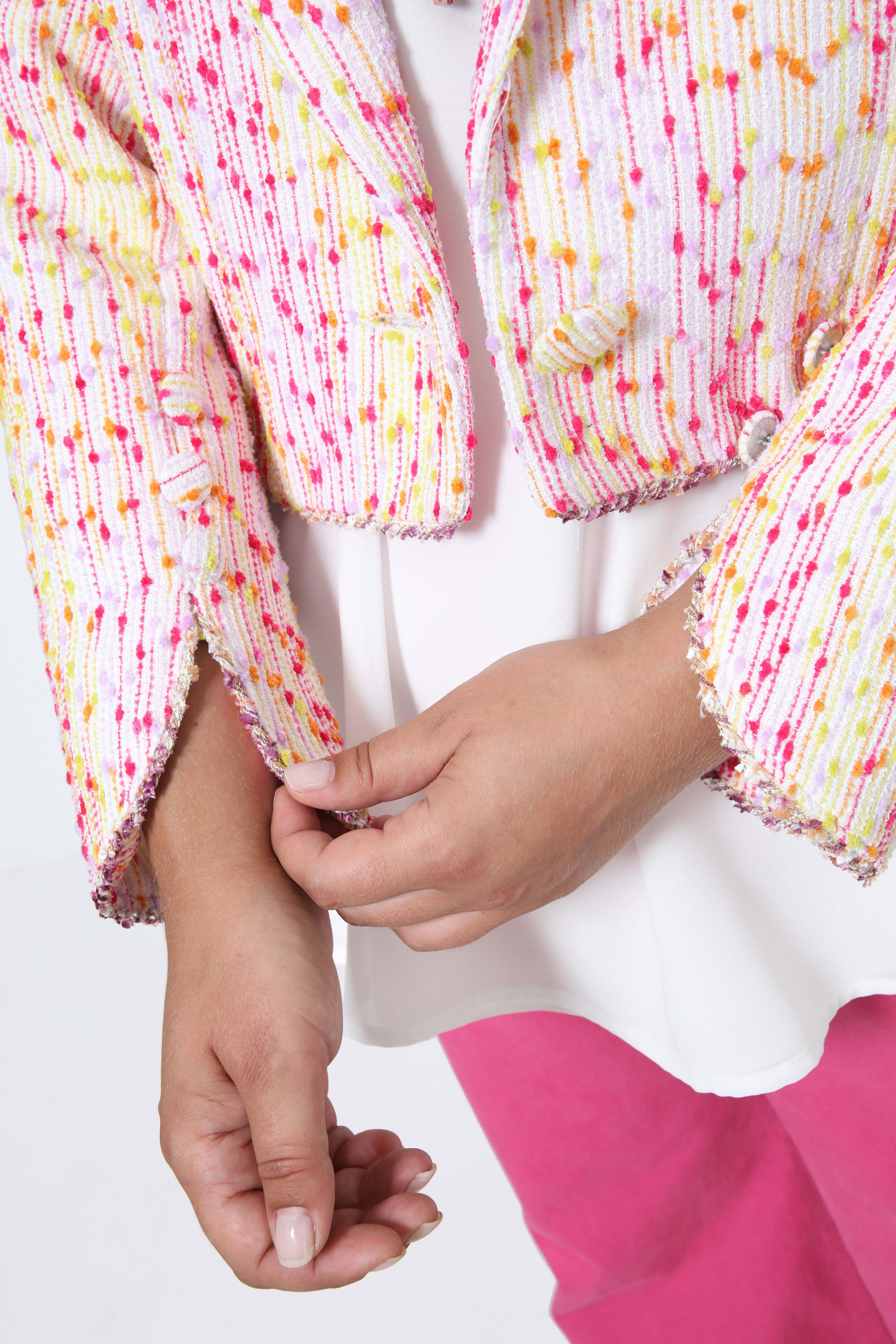 multicolored short suit jacket with braid