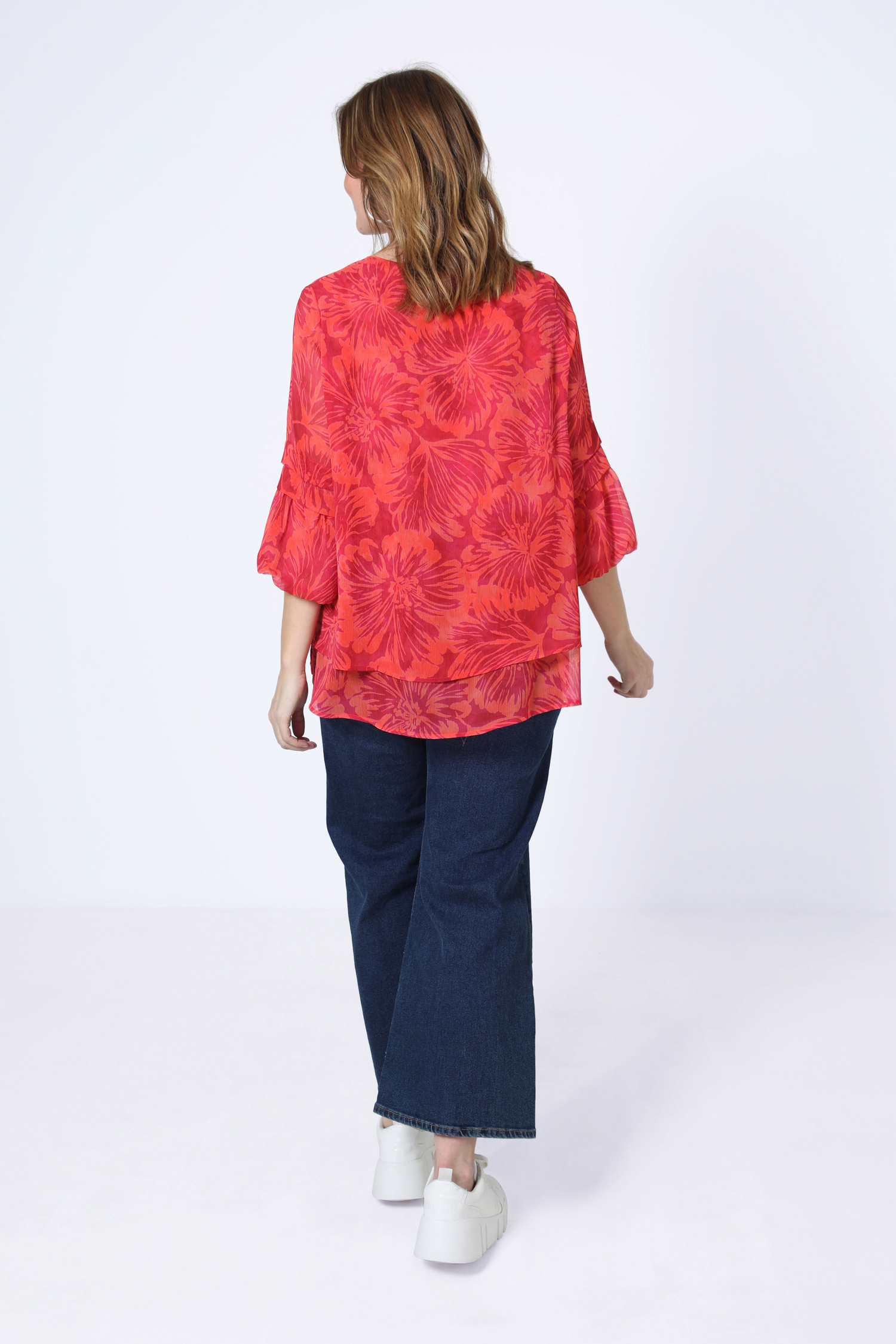 Layered trapeze blouse in printed voile