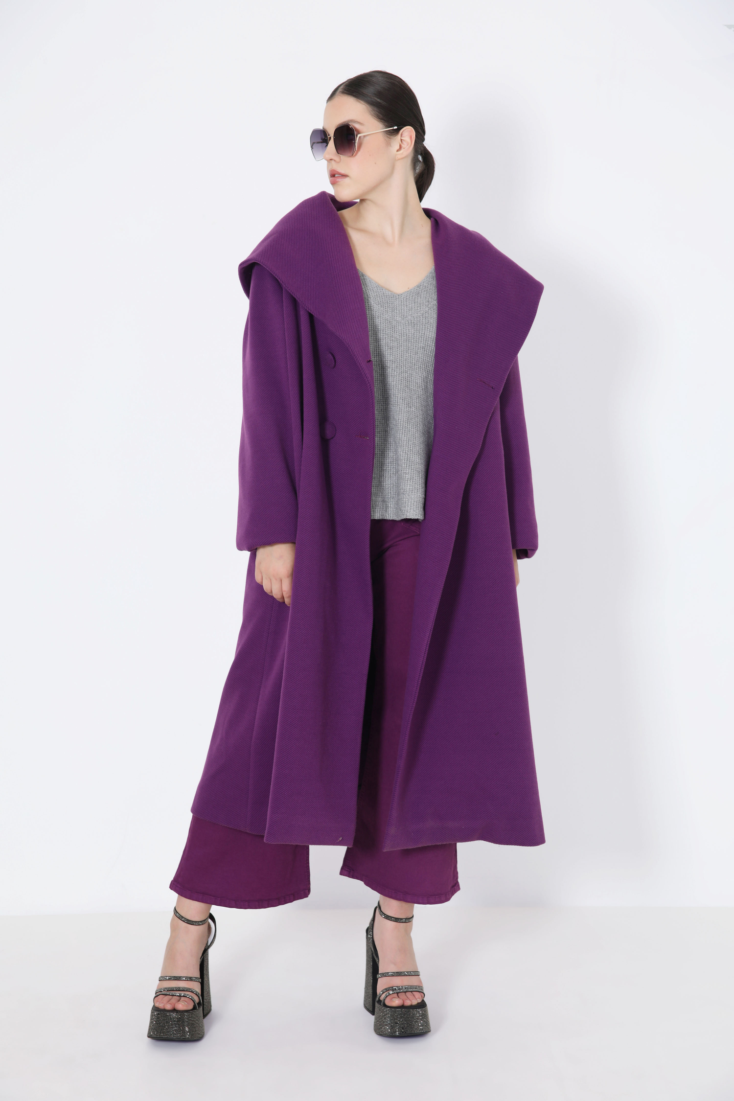 Long hooded coat with shawl collar