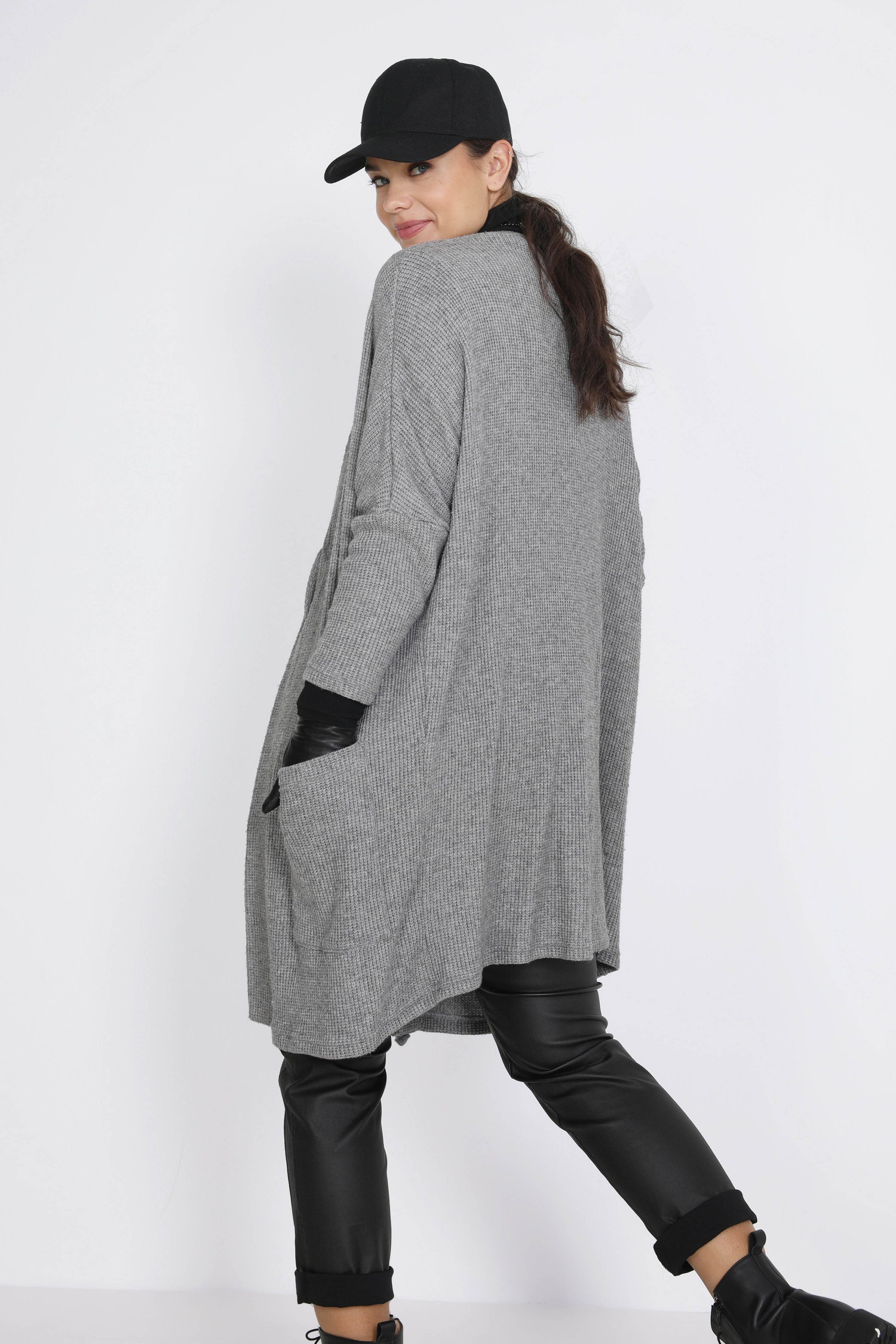 Long honeycomb knit cardigan with eyelets 