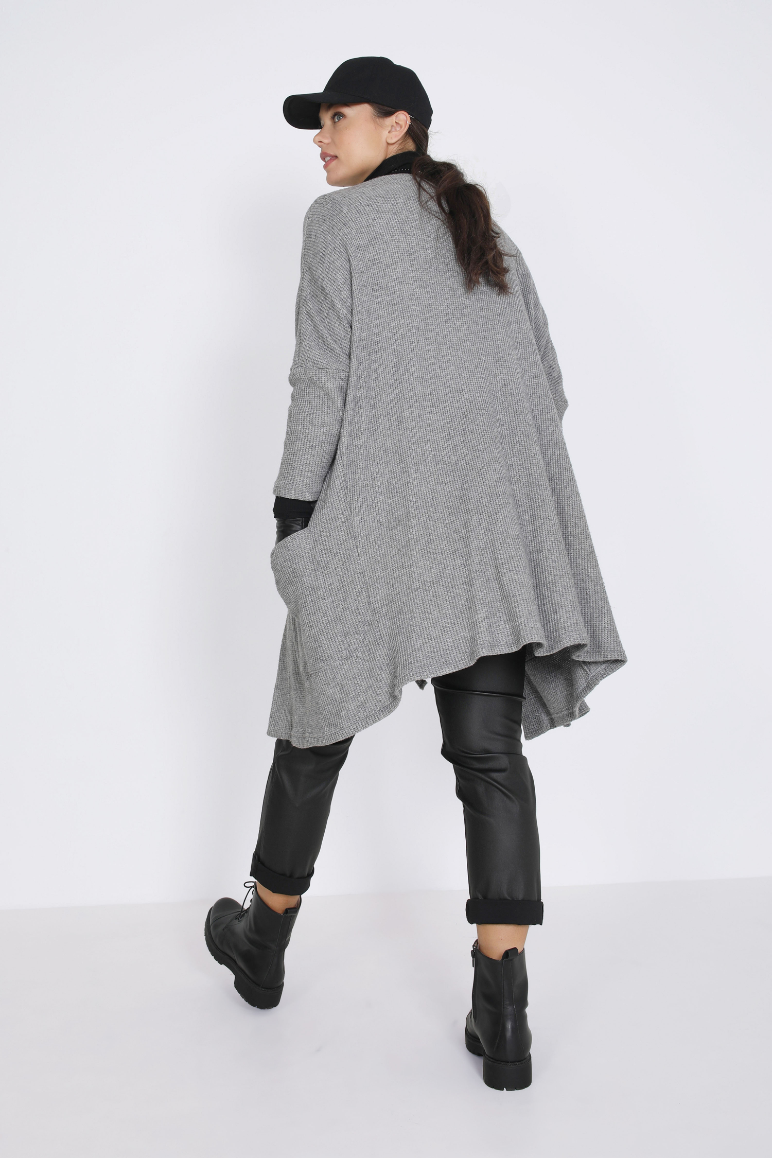 Long honeycomb knit cardigan with eyelets 