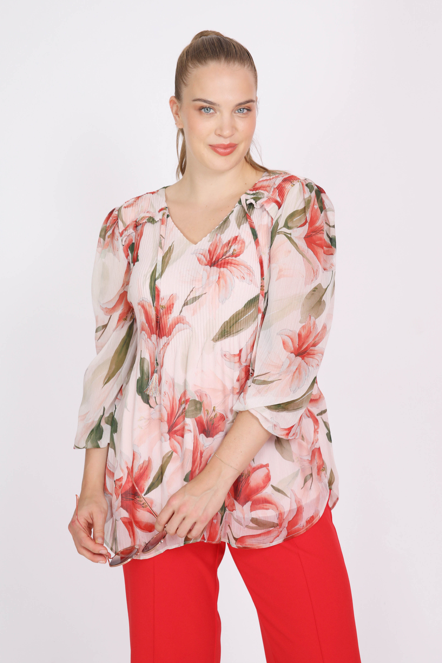 pleated printed voile blouse