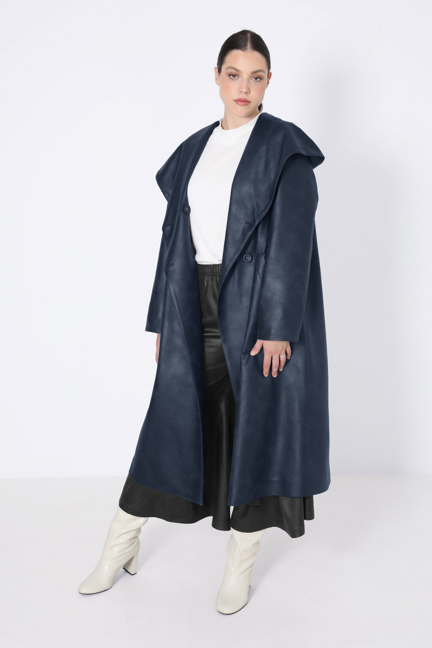 long faux leather coat with shawl collar