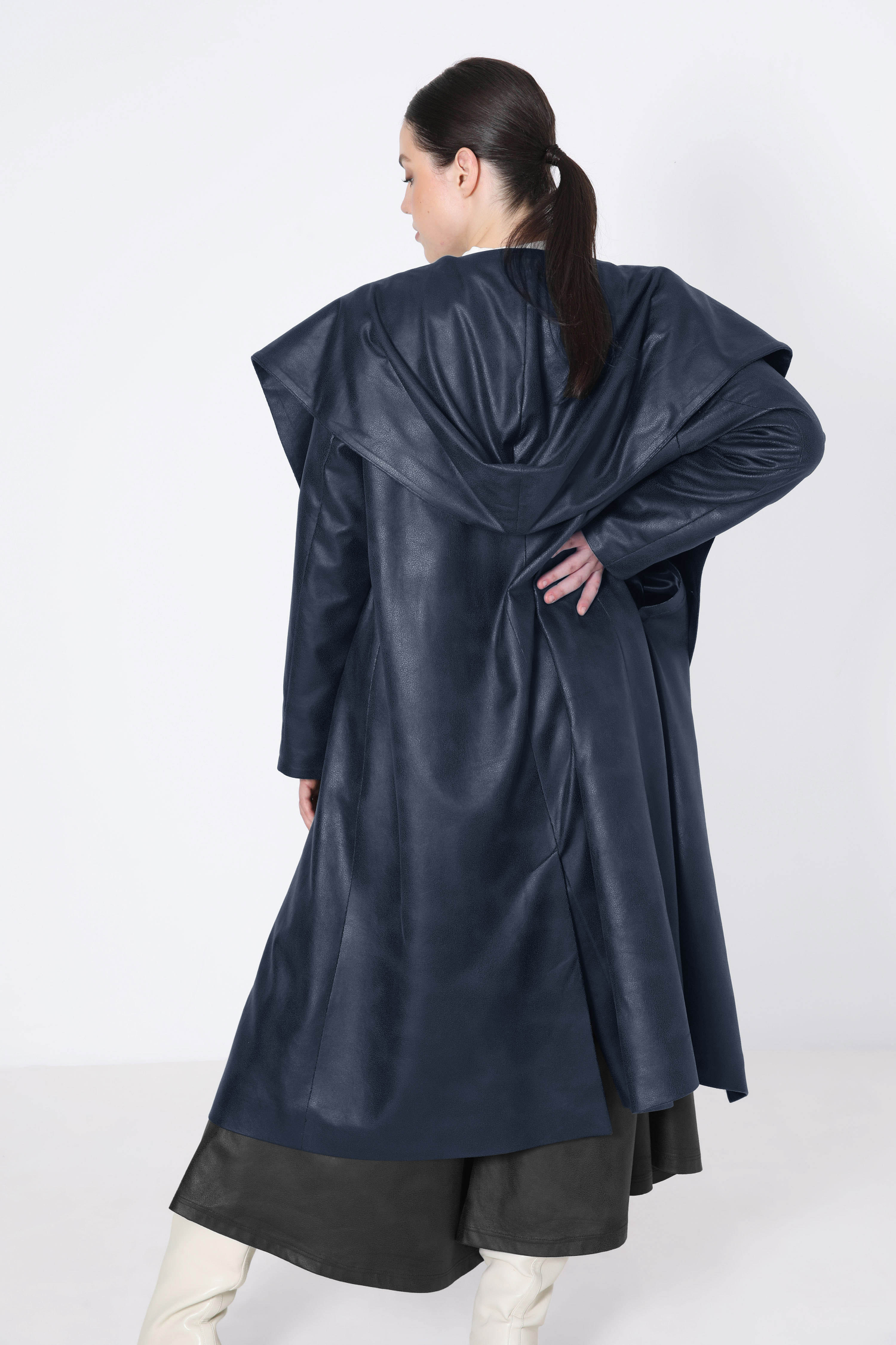 long faux leather coat with shawl collar