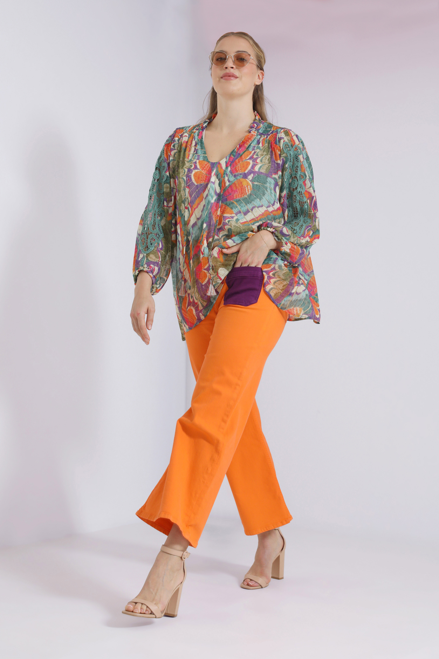 Printed voile blouse lined with a plain top