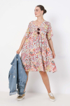Mid-length dress in eco-responsible printed fibranne