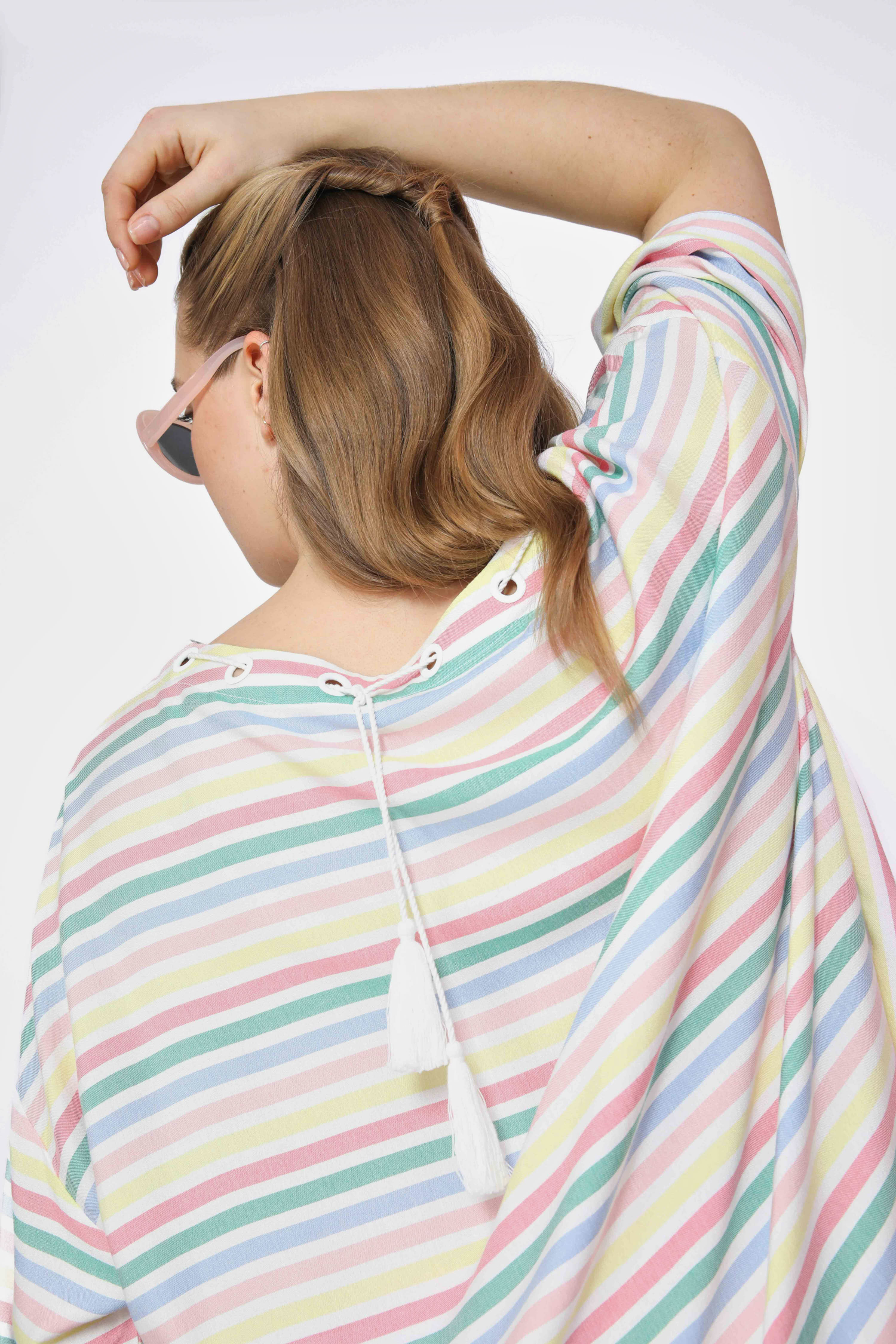 Oversized striped blouse with eyelets
