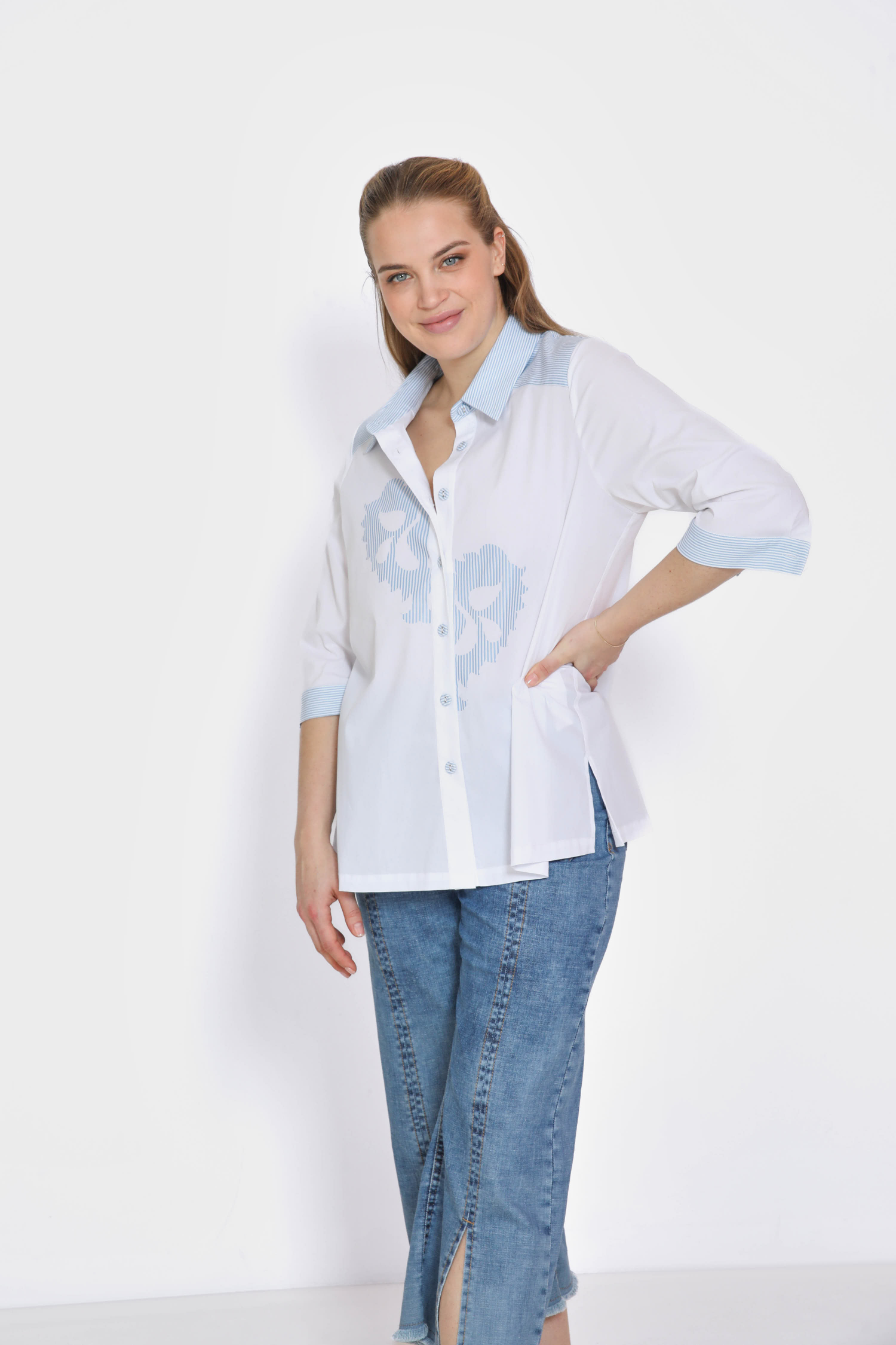Chemise bimatiére rayée et uni avec sérigraphie