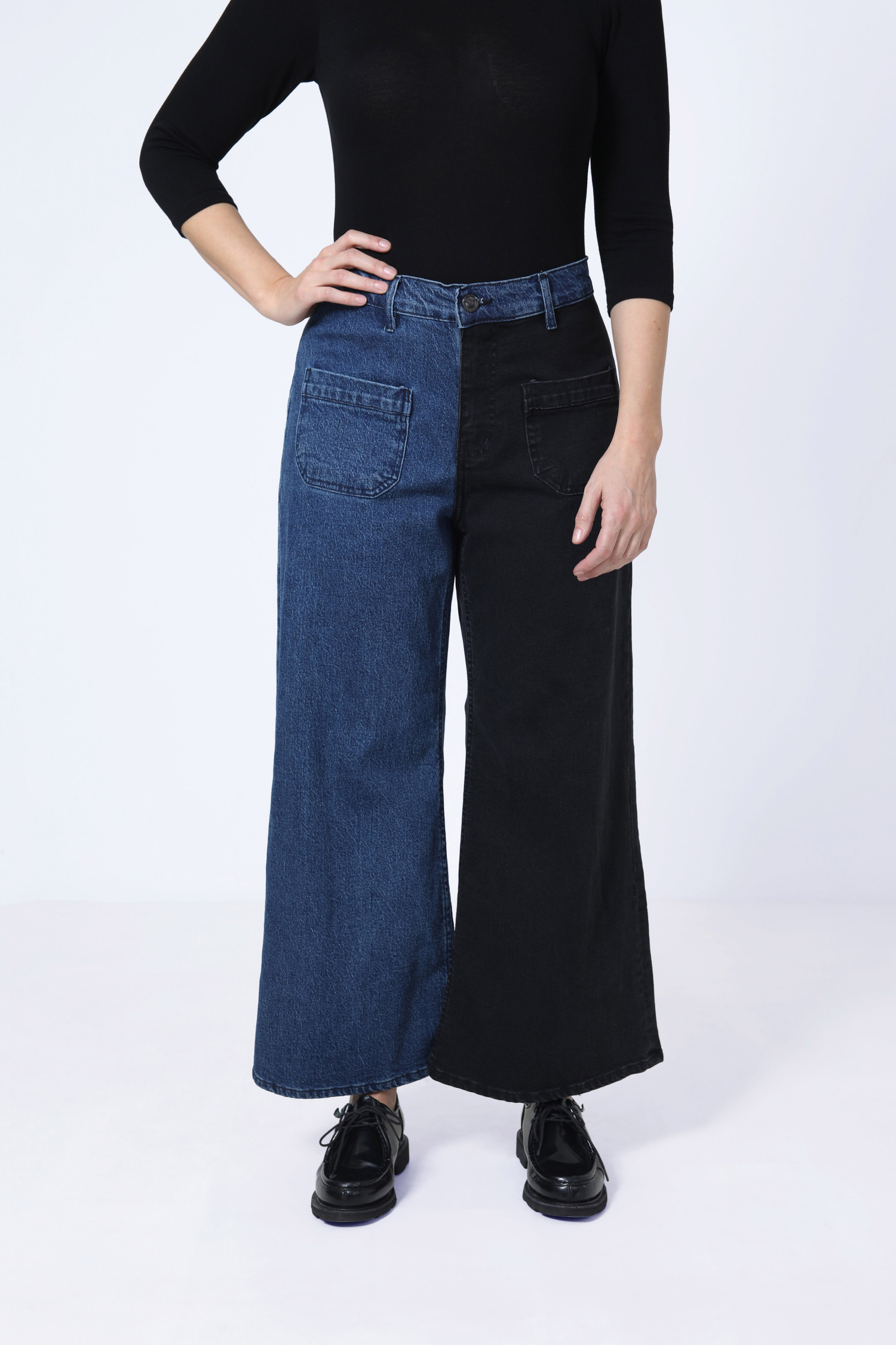 two-tone flared style jeans