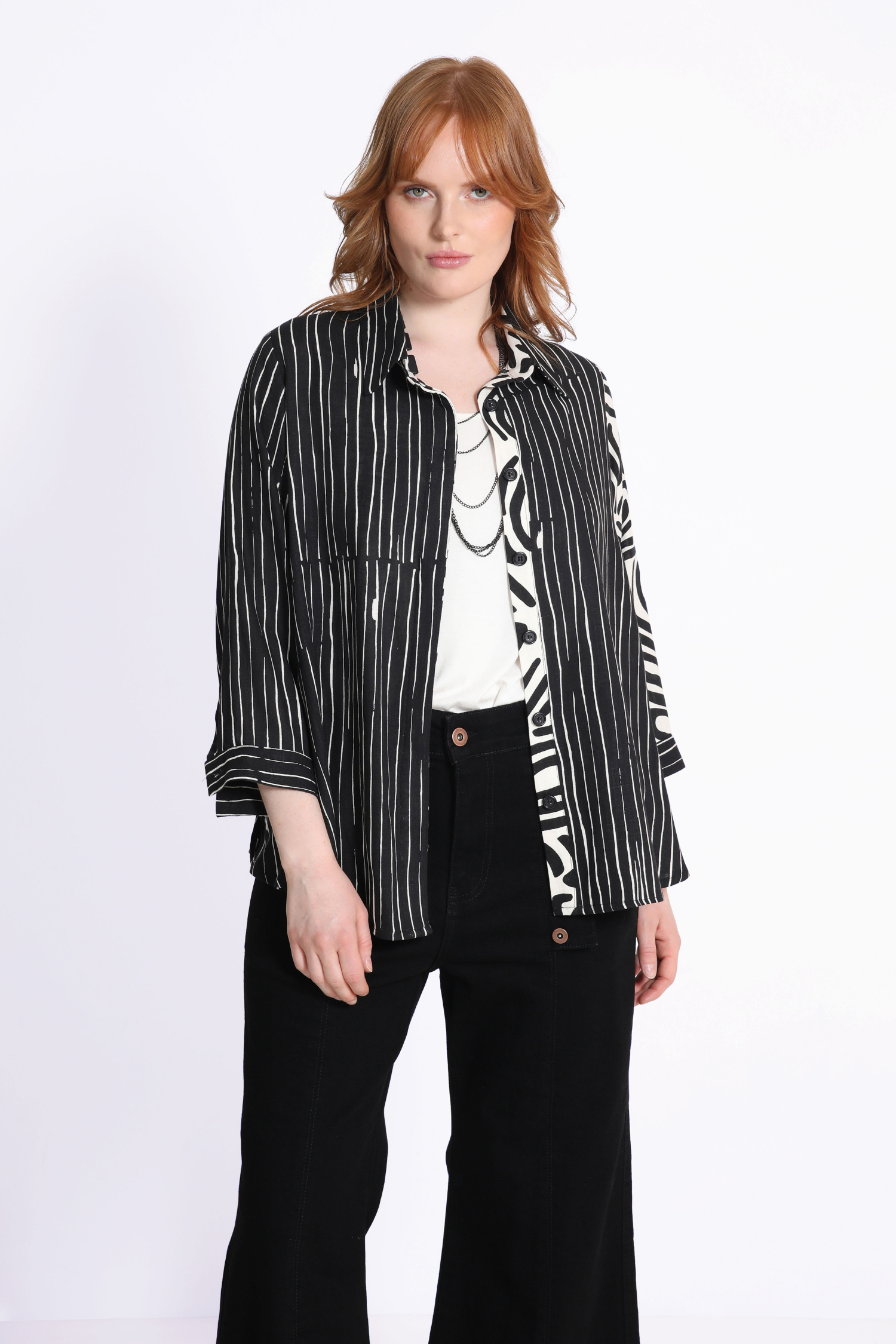 Printed and striped linen patch shirt