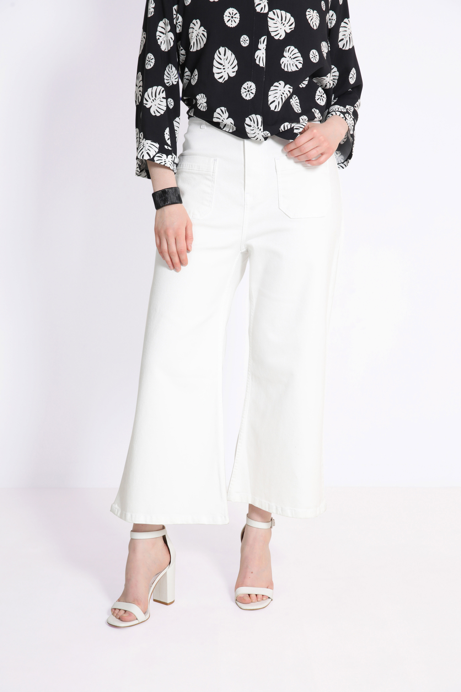 white flared style jeans