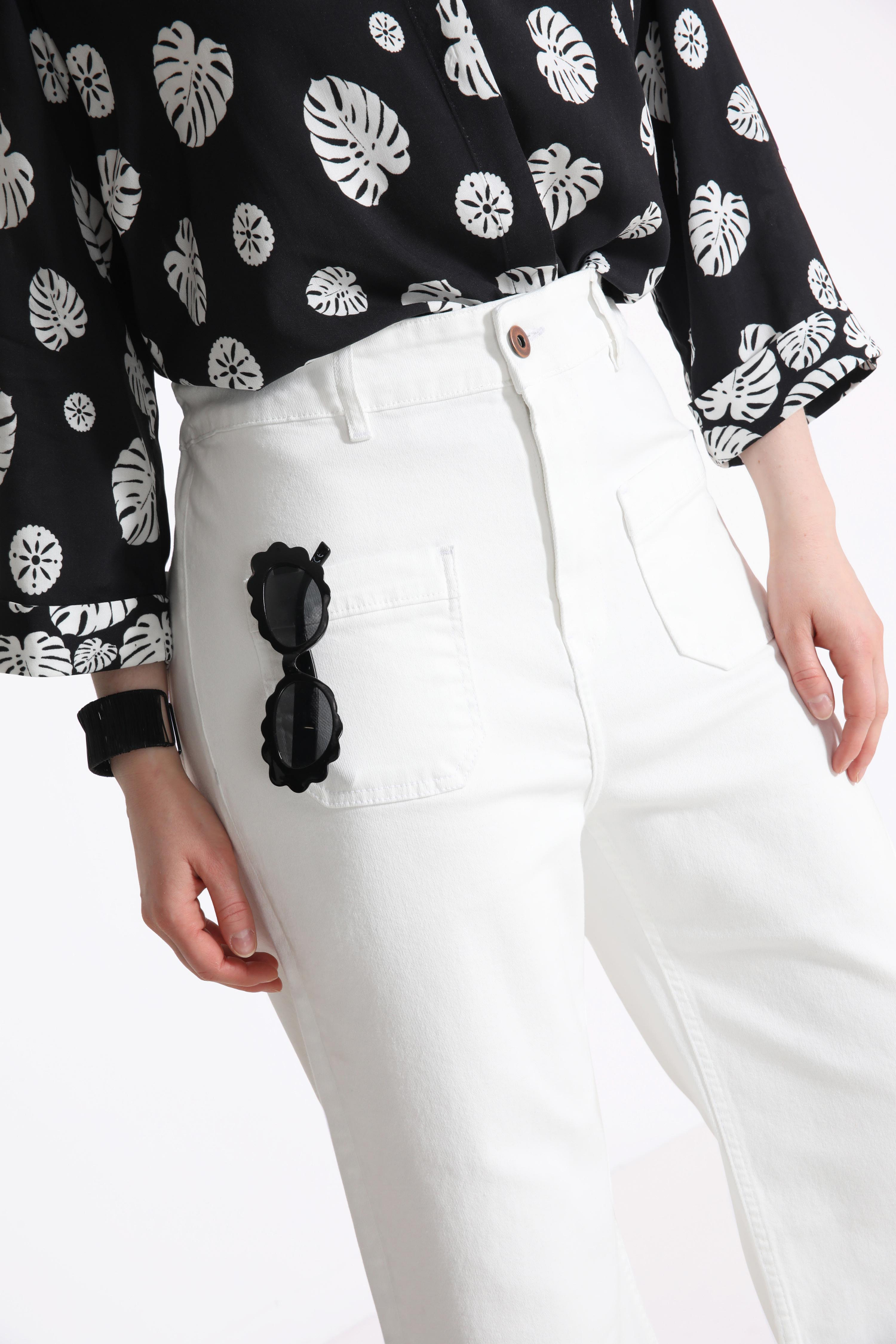 white flared style jeans