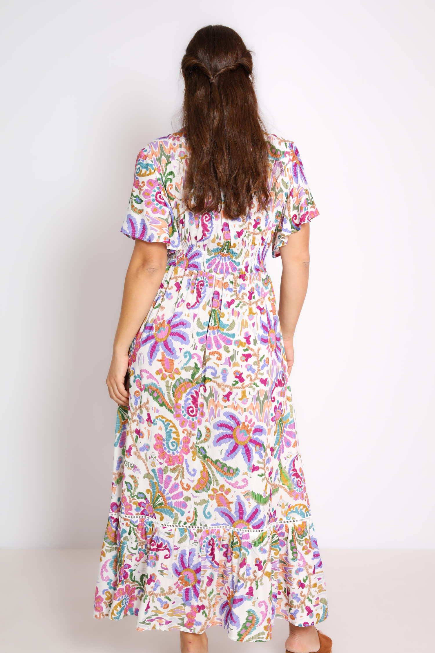 Long printed smocked waist dress