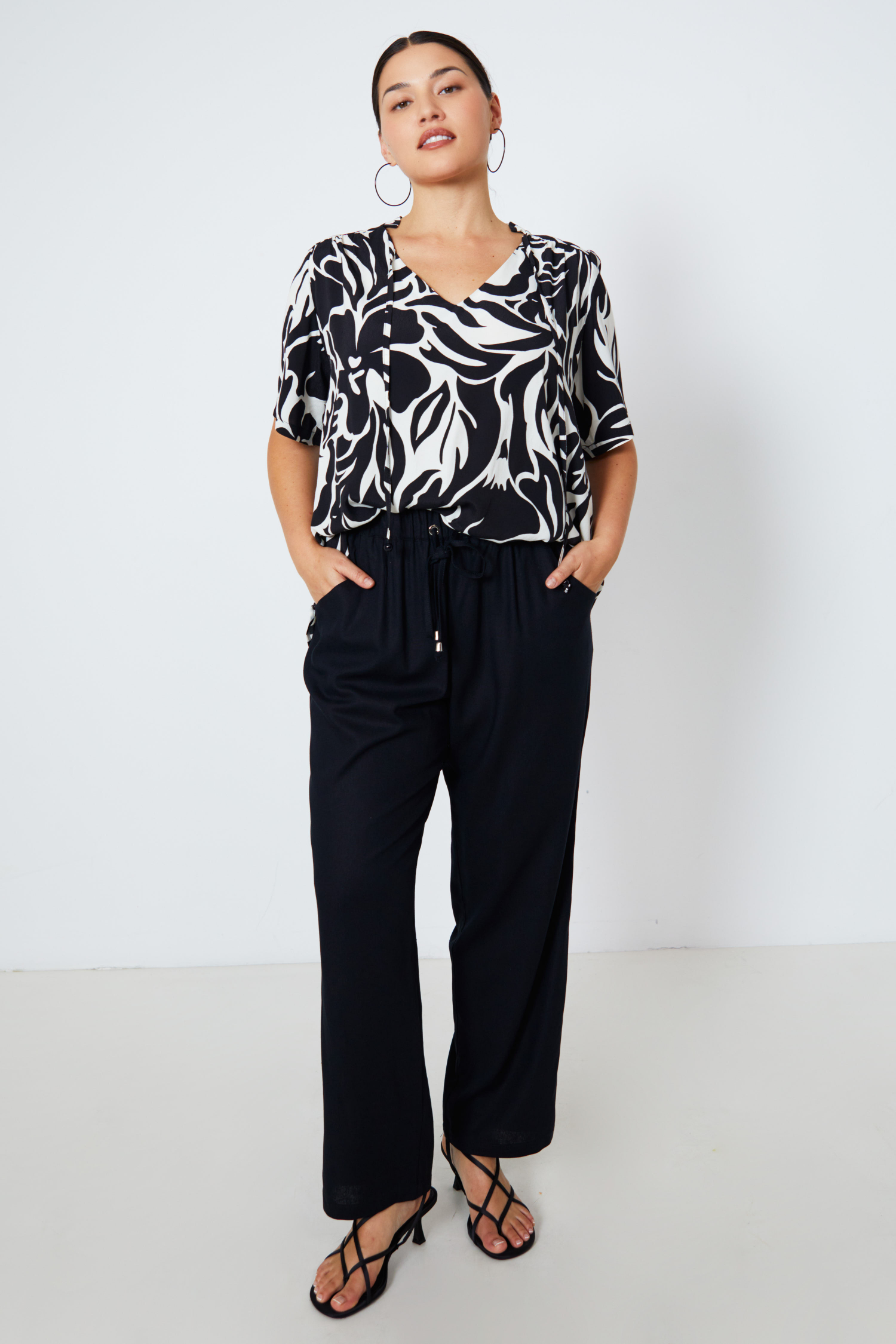 Straight-cut plain viscose linen pants