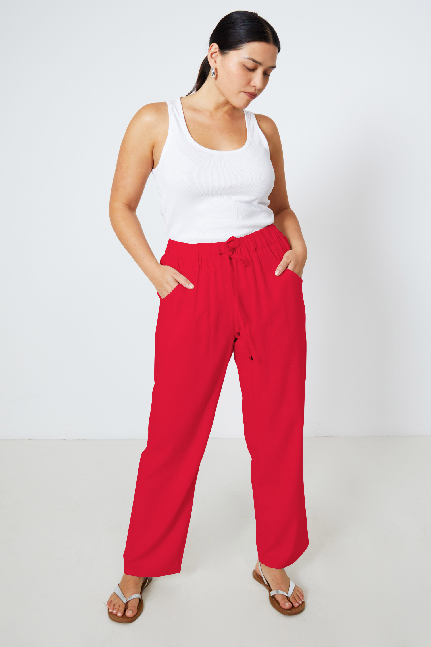 Straight-cut plain viscose linen pants