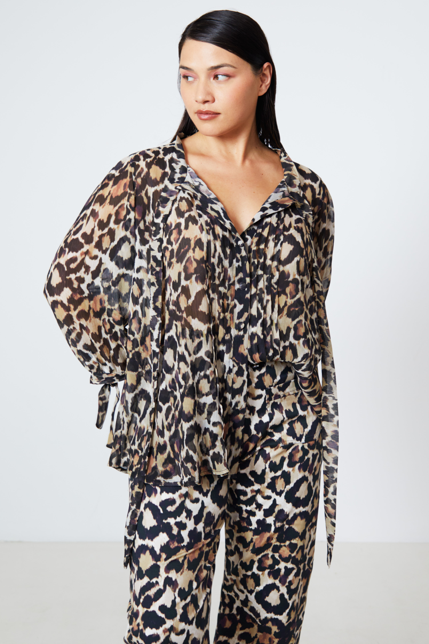 Panther print voile blouse with flat pleats