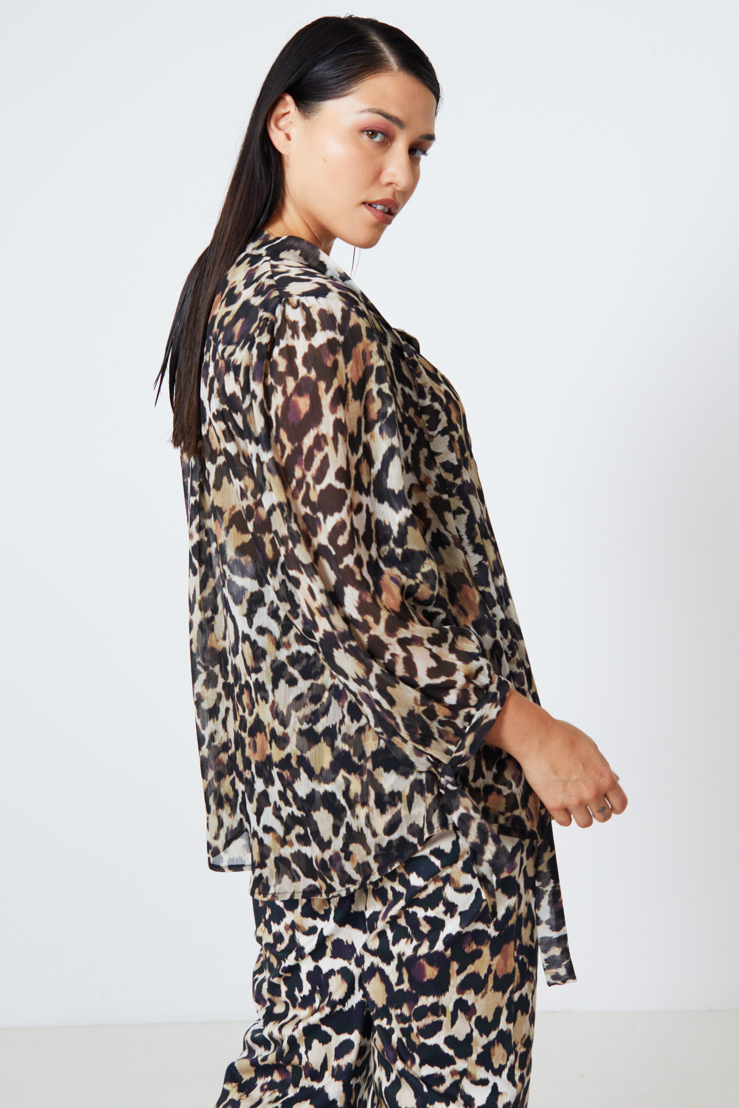 Panther print voile blouse with flat pleats