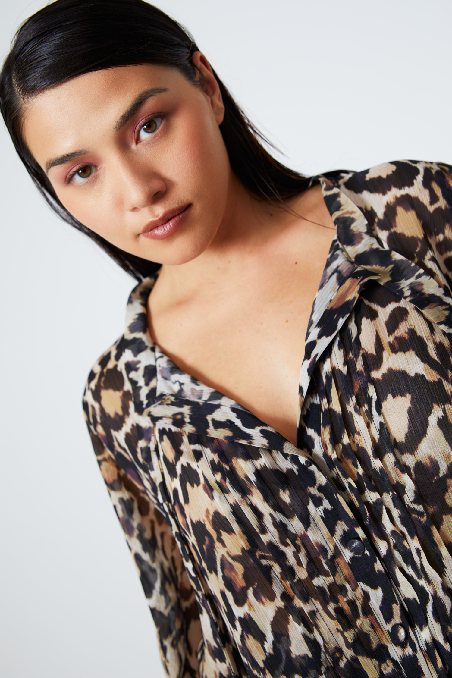 Panther print voile blouse with flat pleats