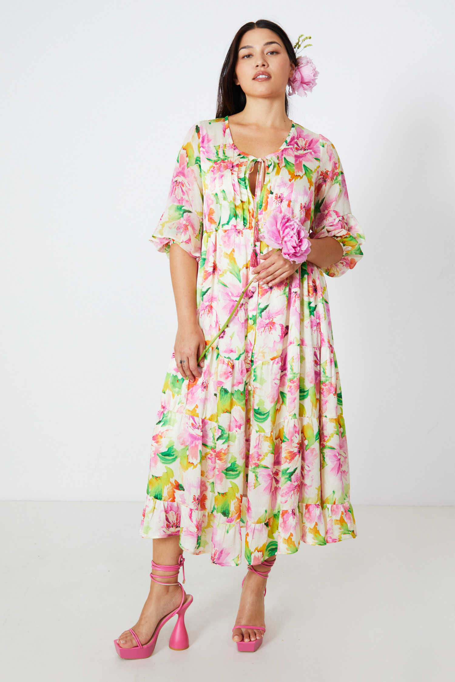 Long floral print dress with bib