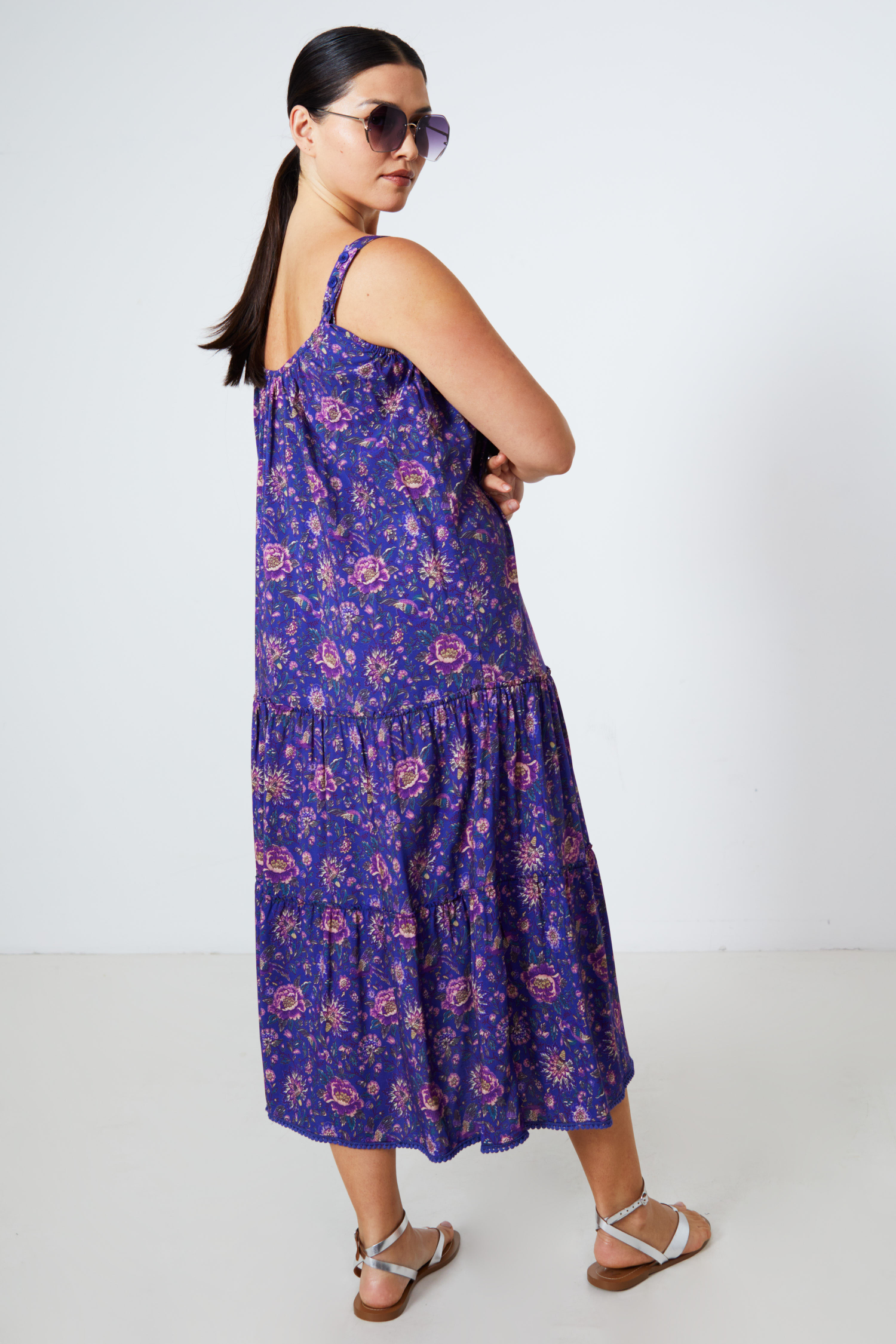 Printed long dress with ruffled bohemian straps