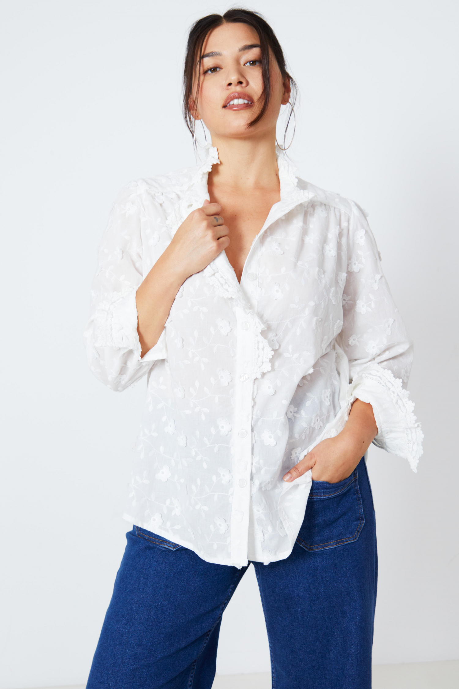 Embroidered cotton shirt with braid