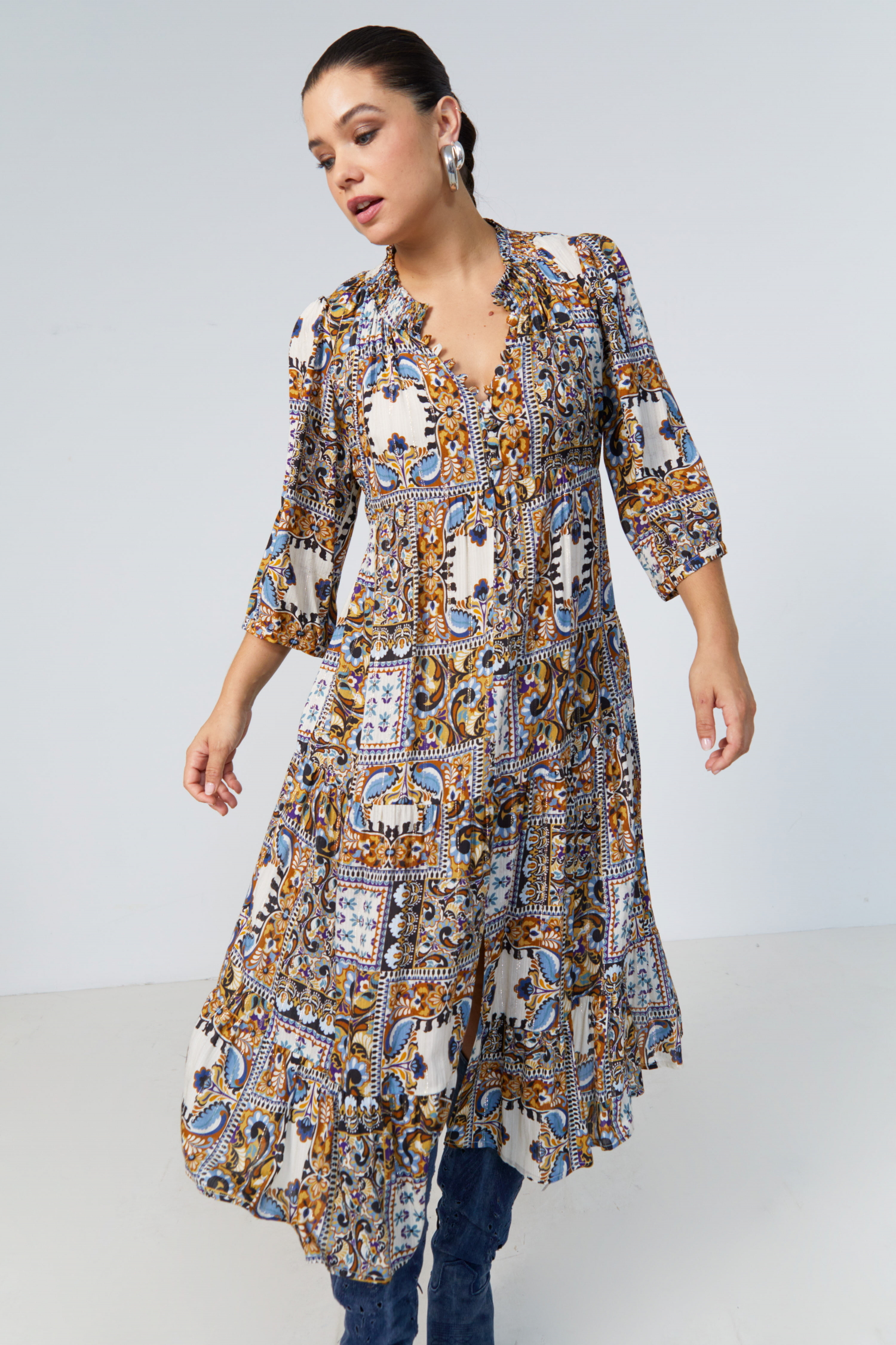 Long printed dress with smocked collar