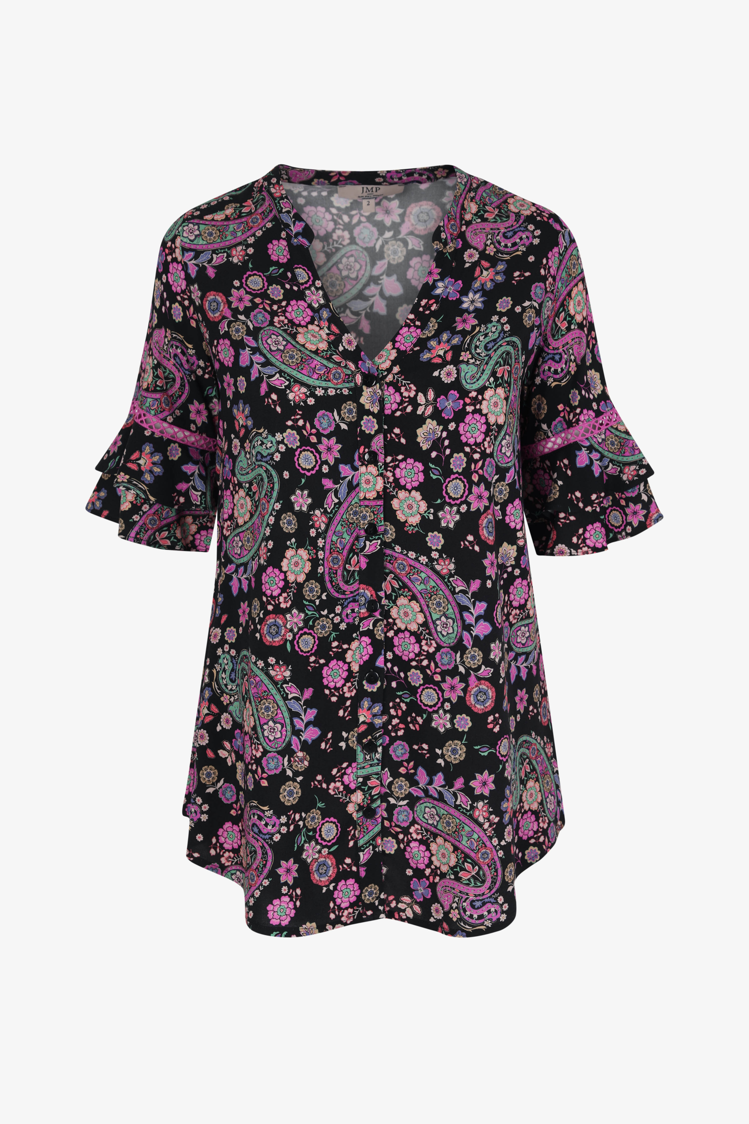 Printed shirt with ruffled sleeves eco-responsible material