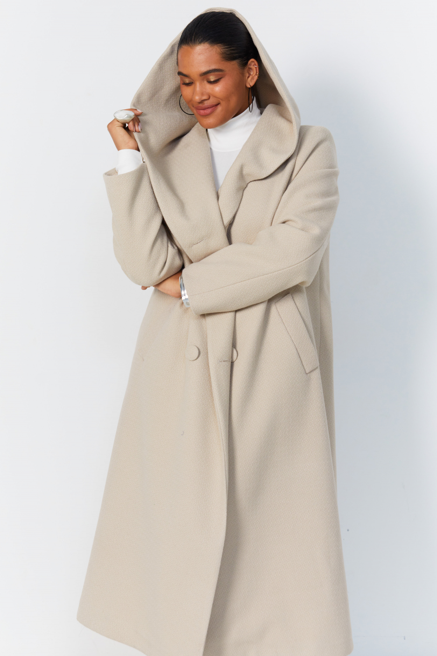 Long hooded coat with shawl collar