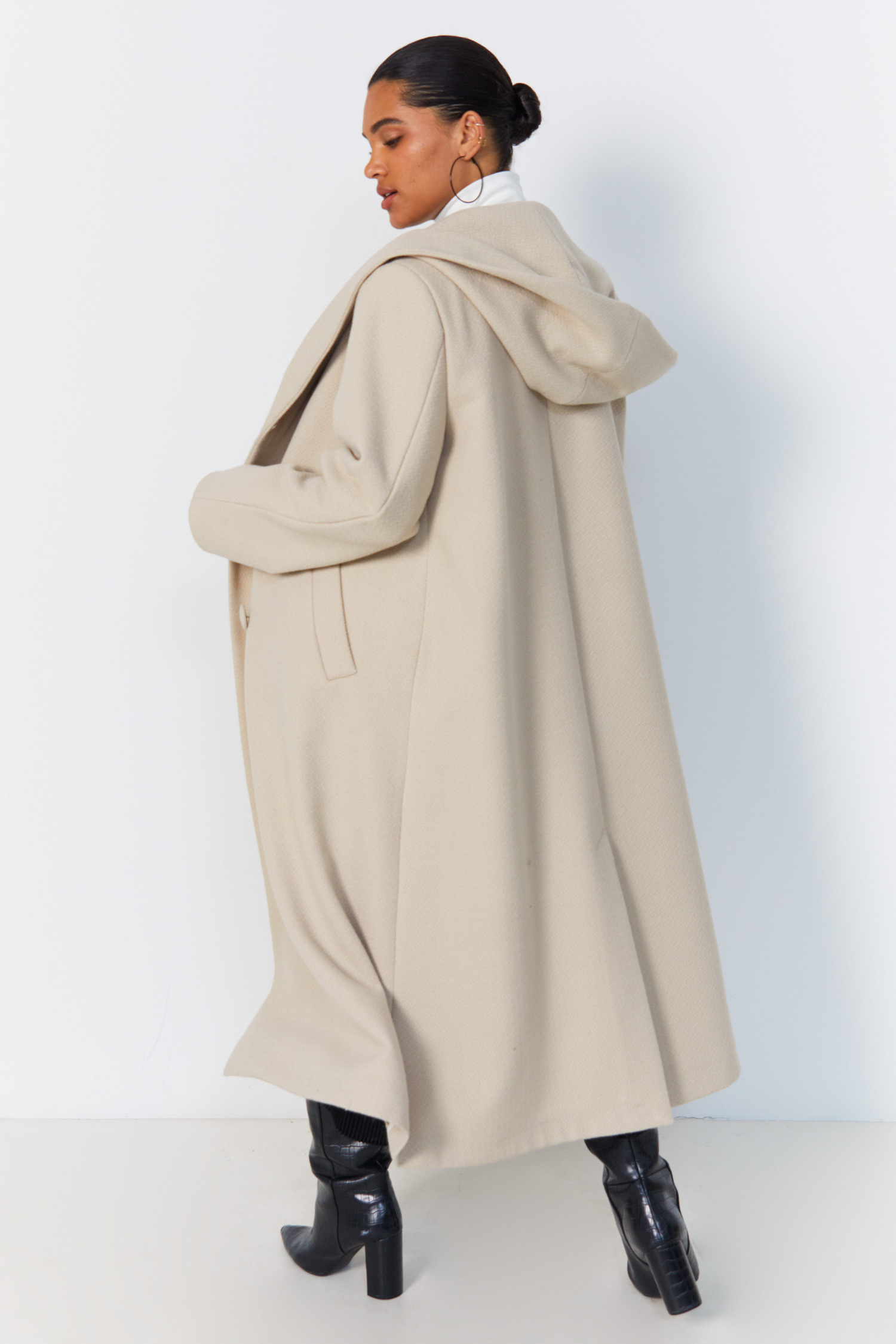 Long hooded coat with shawl collar