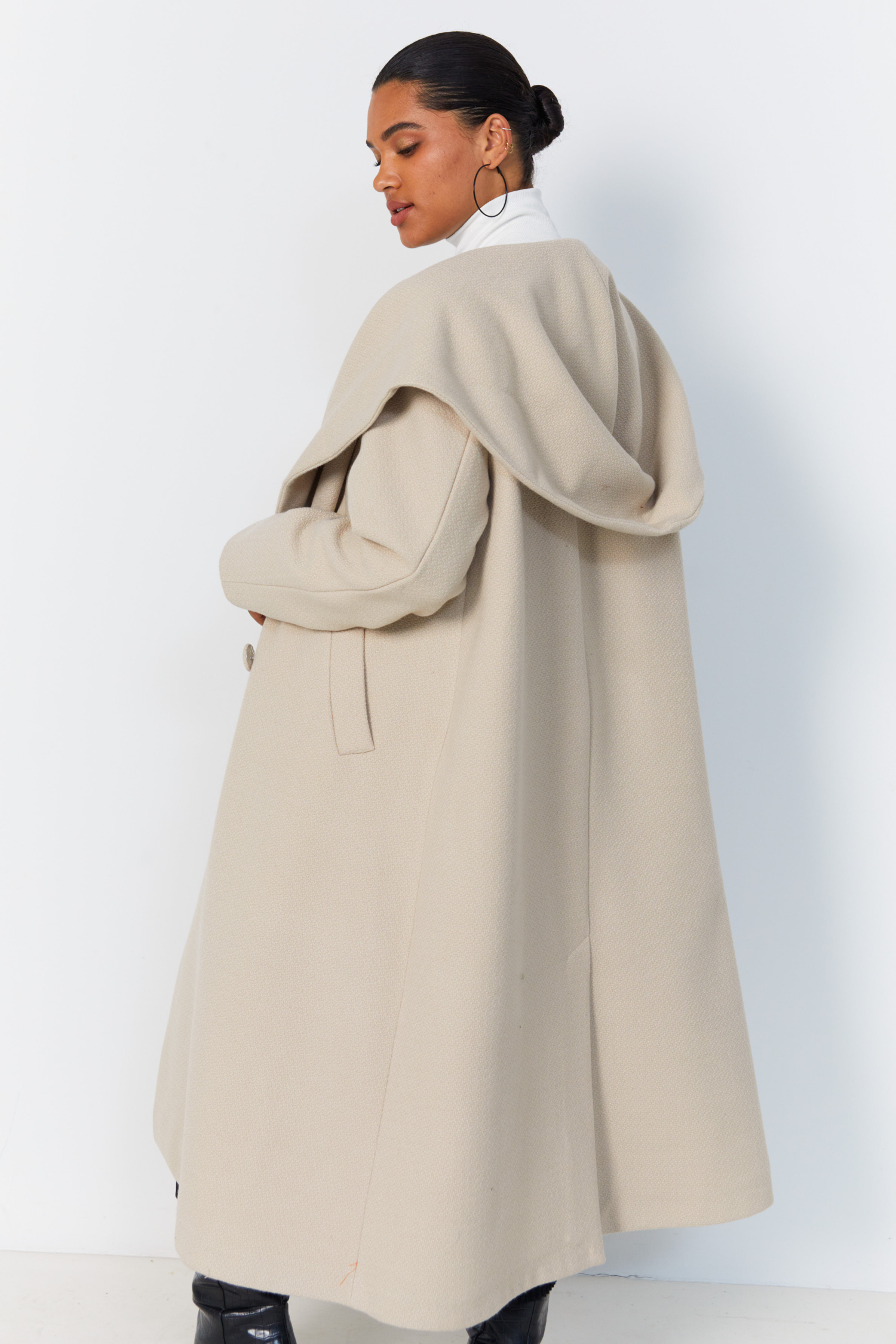 Long hooded coat with shawl collar