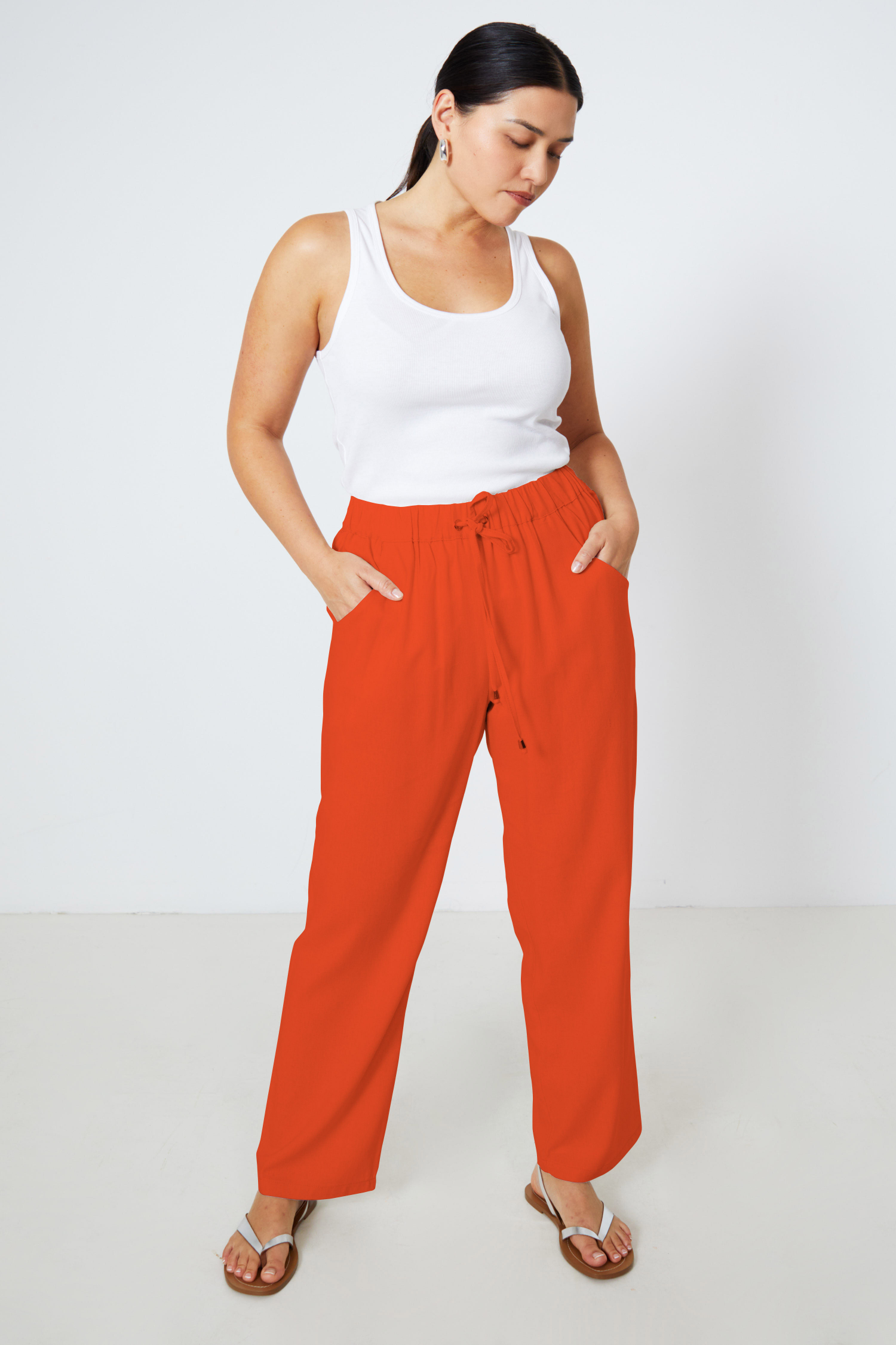 Straight-cut plain viscose linen pants