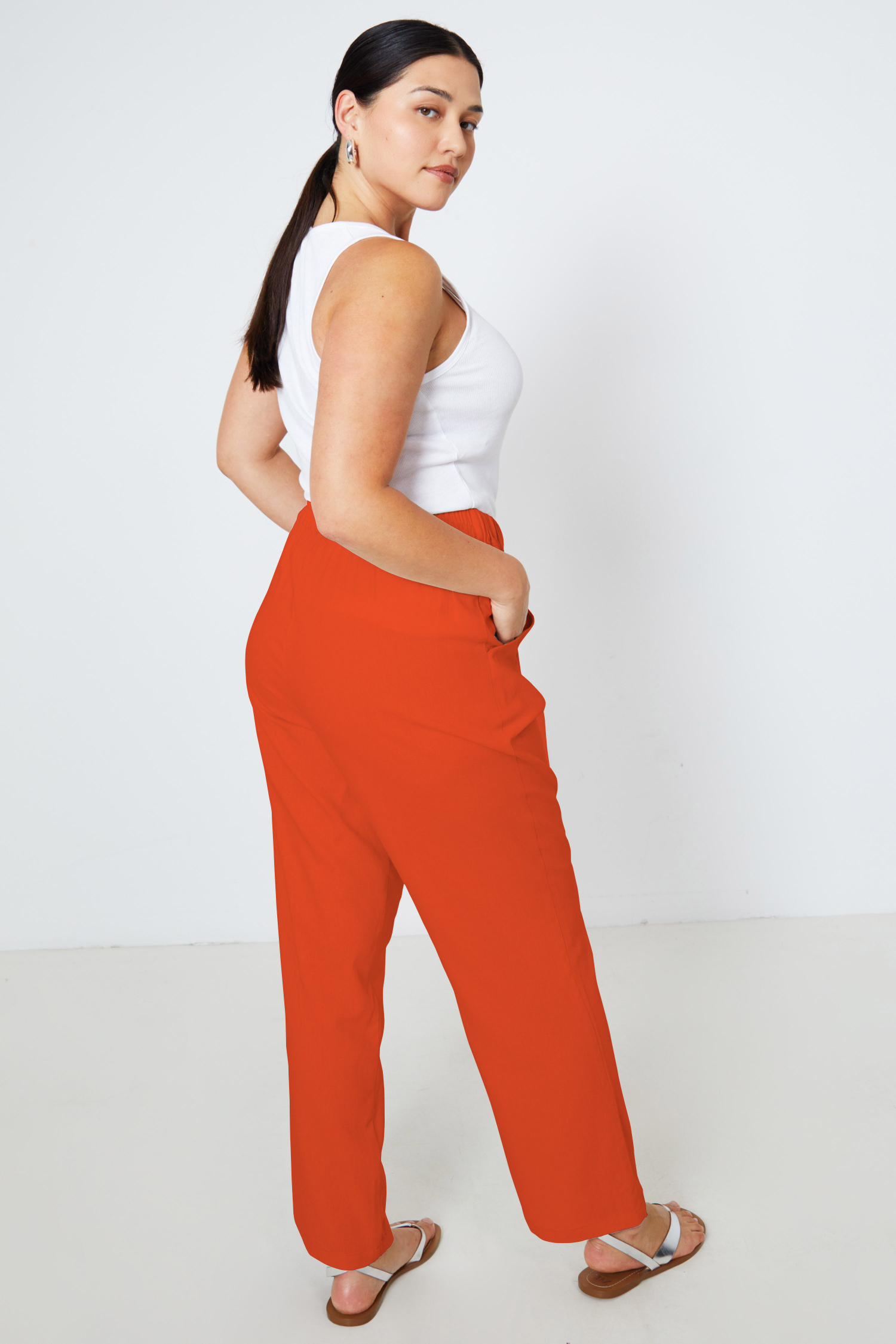 Straight-cut plain viscose linen pants