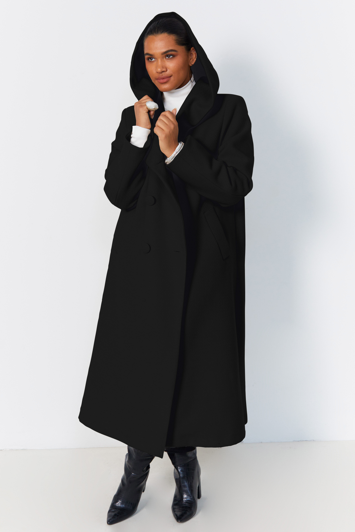 Long hooded coat with shawl collar