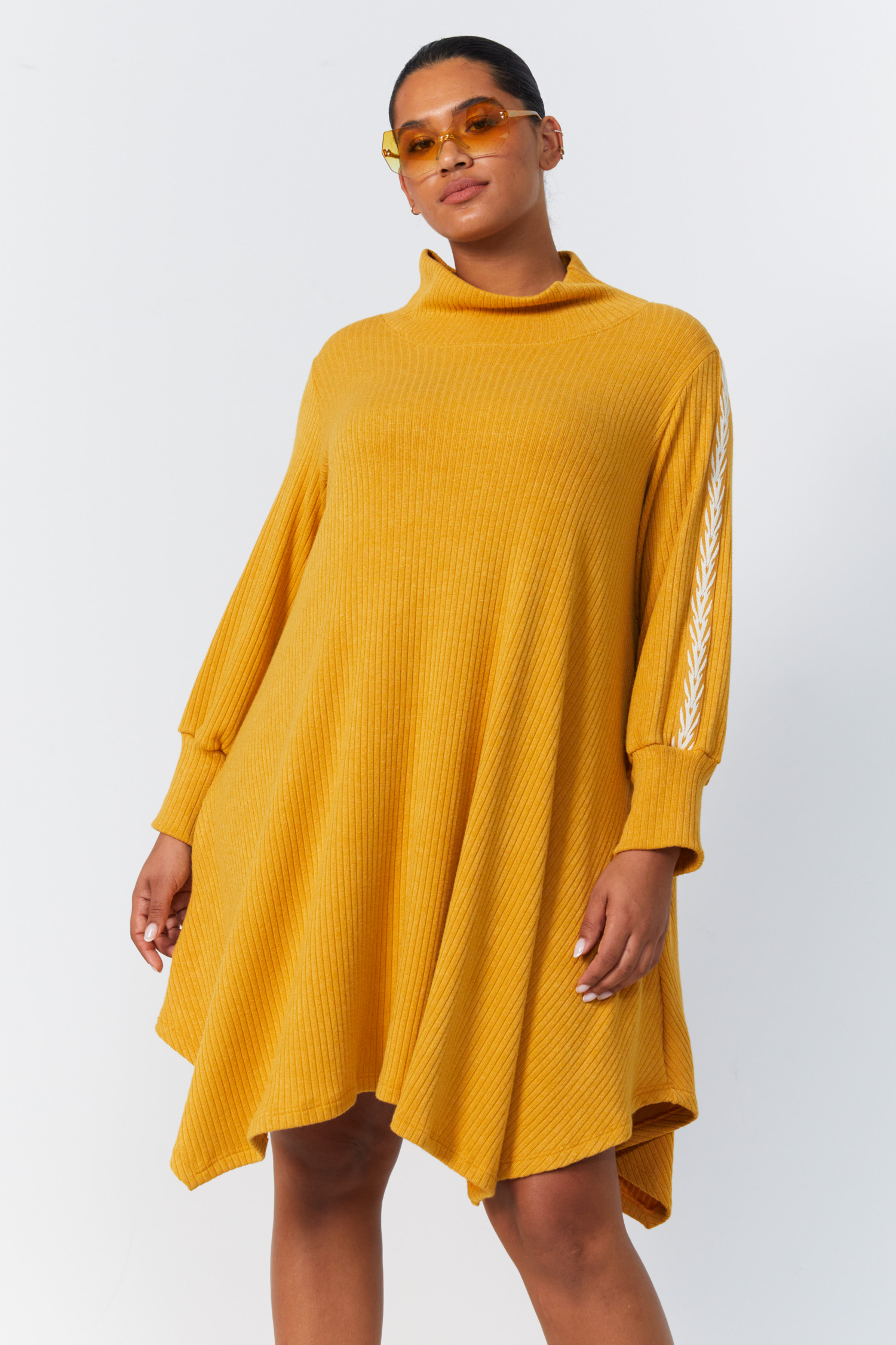 Knit trapeze dress with high collar