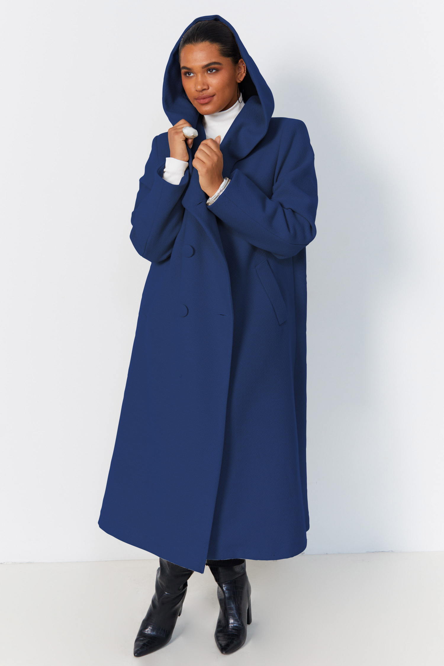 Long hooded coat with shawl collar