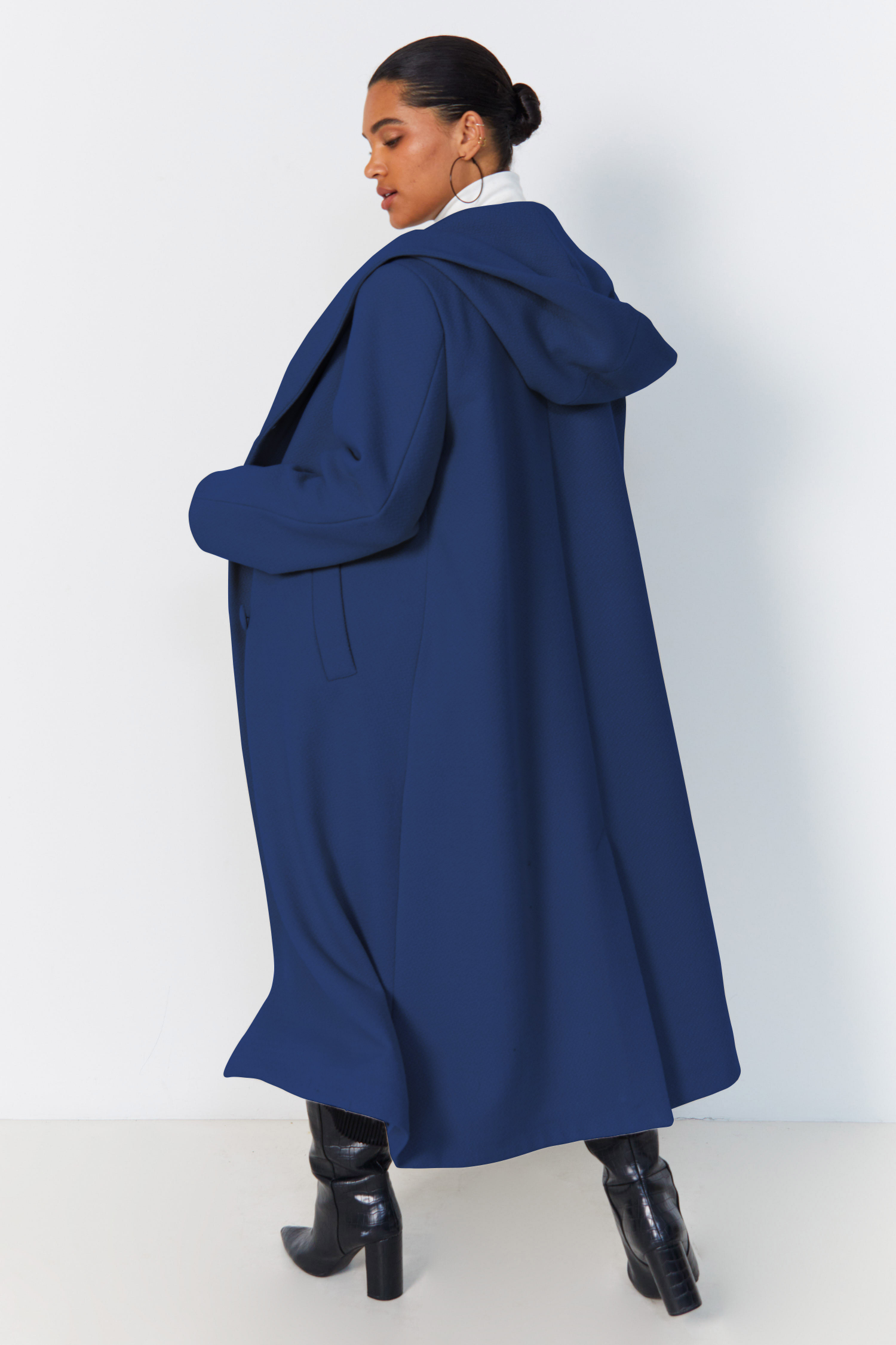 Long hooded coat with shawl collar