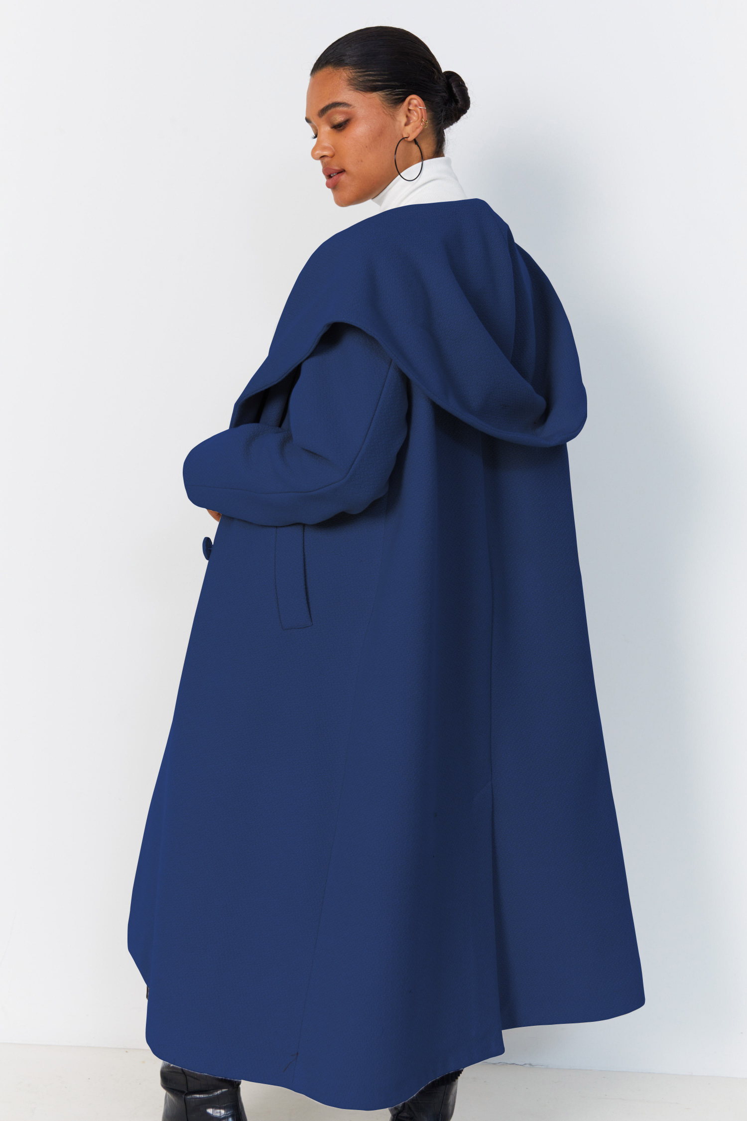 Long hooded coat with shawl collar