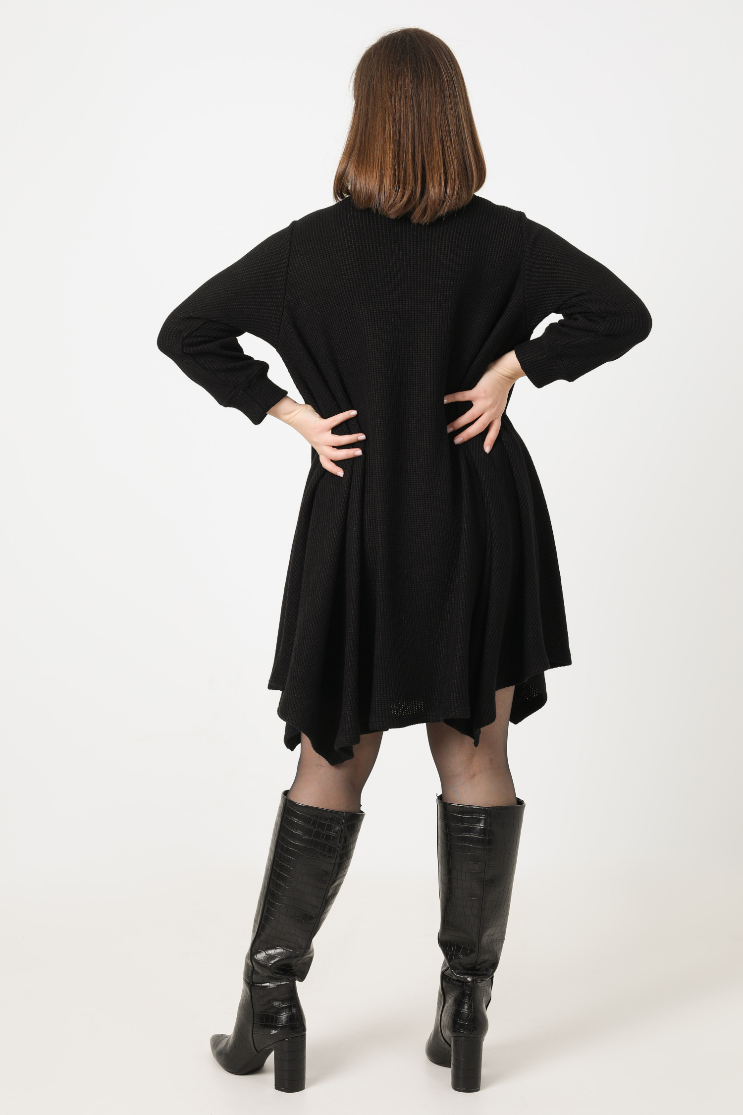 honeycomb knit turtleneck trapeze dress