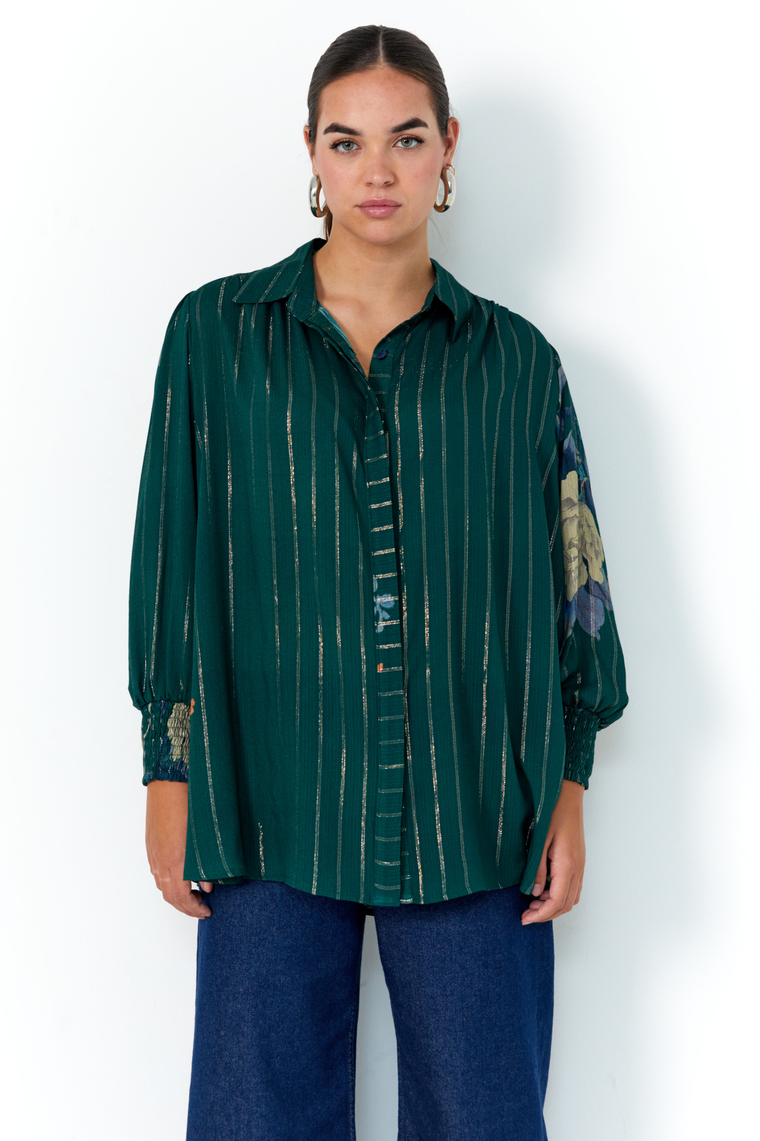 Flowing shirt with lurex stripes and floral print