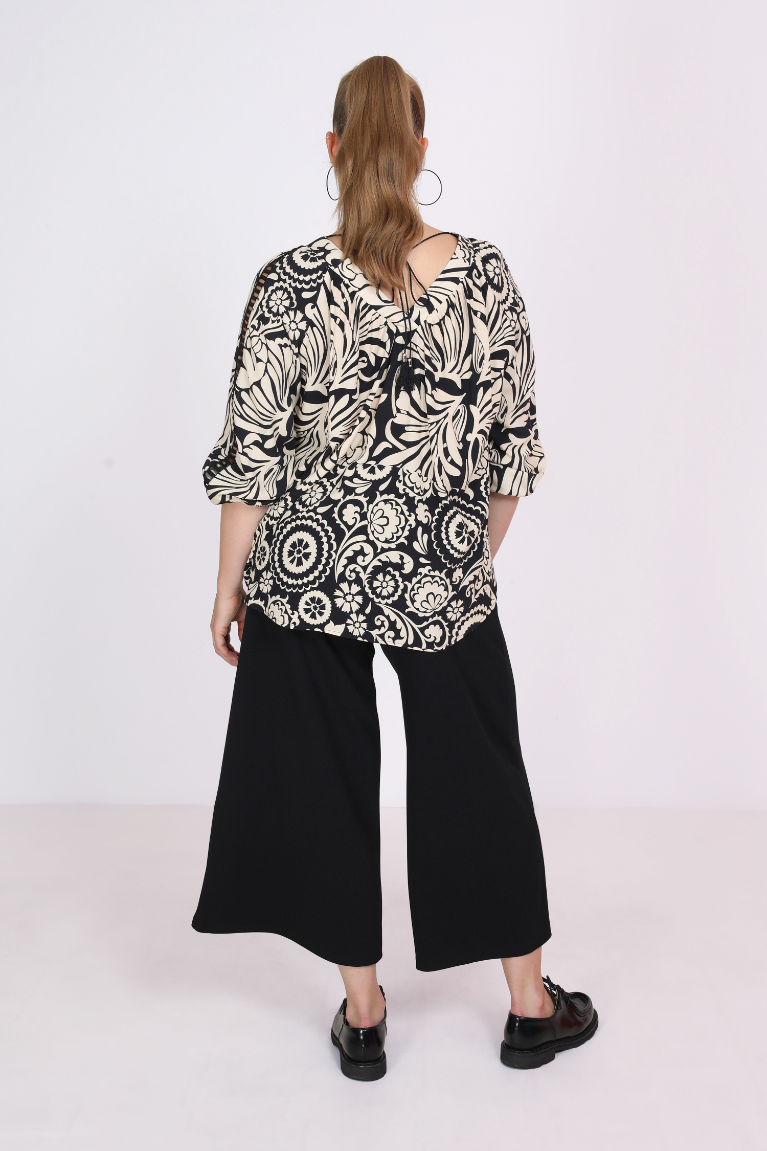 Printed viscose blouse with braid